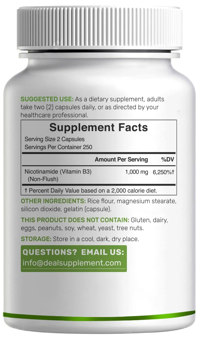 Vitamin B3 Nicotinamide 1,000mg Per Serving – 500 Capsules, Flush Free Niacin, Essential B3 – Supports Healthy Skin & Energy Production – Non-GMO - Image 3