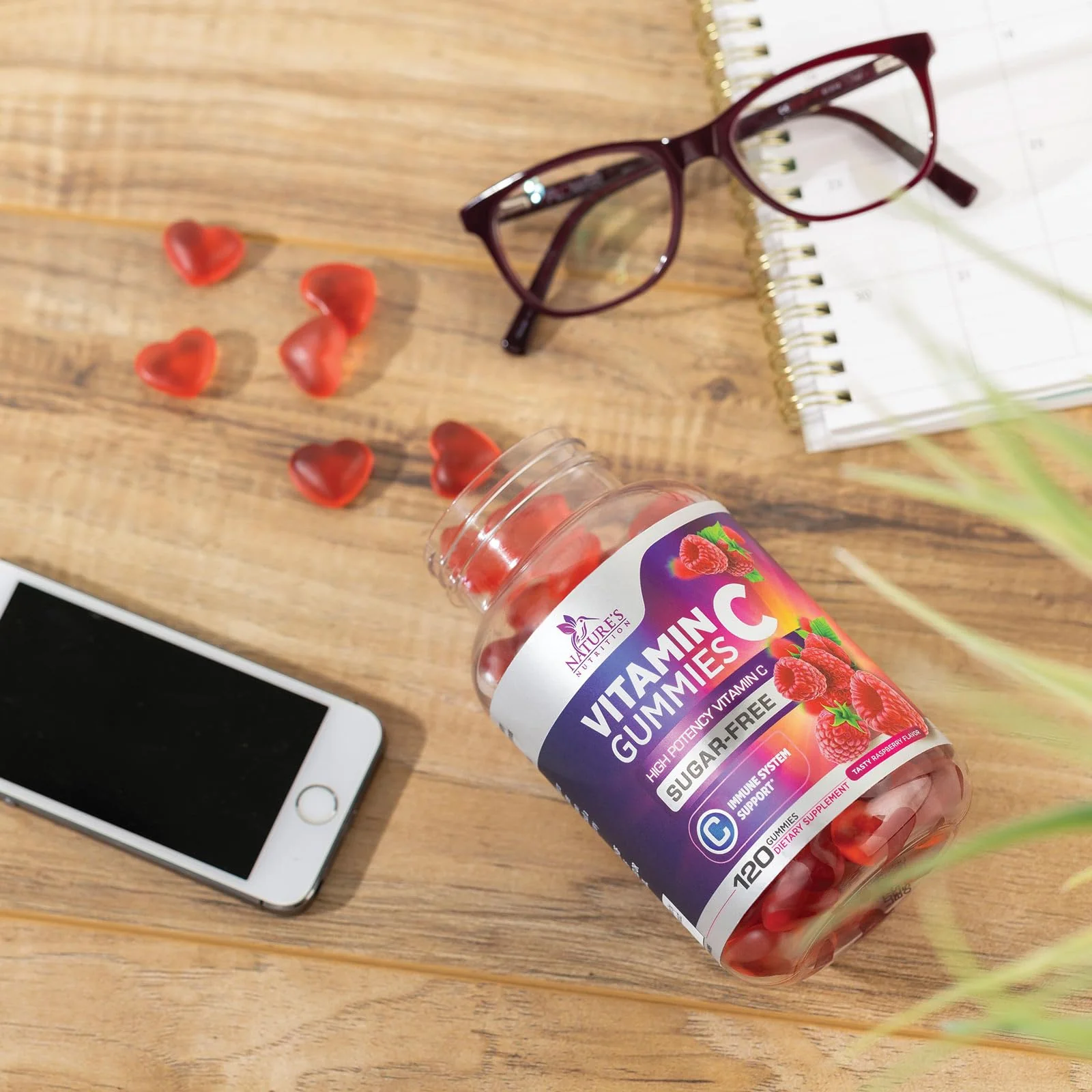 Vitamin C Gummies - 100% of Daily Vitamin C & Sugar Free - Immune Support with Powerful Antioxidants - Nature's Vegan VitaminC Dietary Supplement - Raspberry Flavor for Kids & Adults - 120 Gummies - Image 2