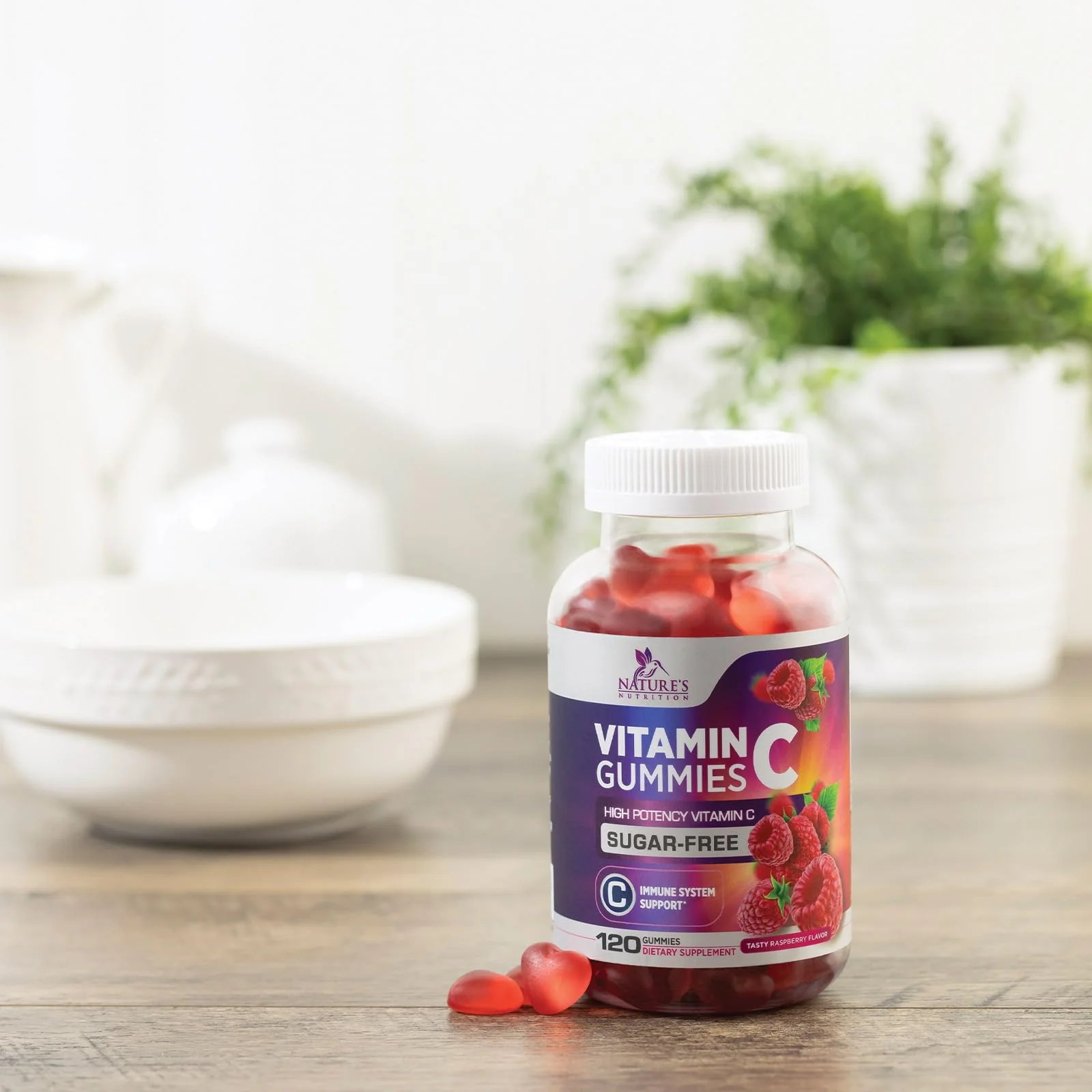 Vitamin C Gummies - 100% of Daily Vitamin C & Sugar Free - Immune Support with Powerful Antioxidants - Nature's Vegan VitaminC Dietary Supplement - Raspberry Flavor for Kids & Adults - 120 Gummies - Image 3
