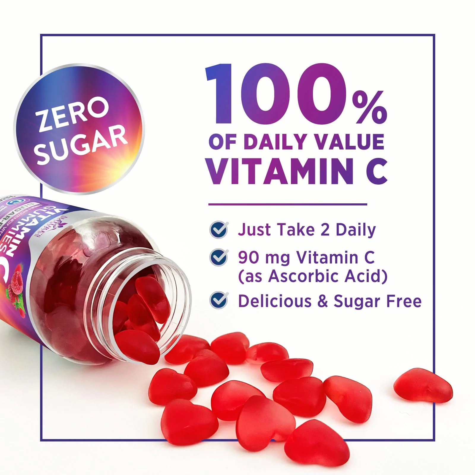 Vitamin C Gummies - 100% of Daily Vitamin C & Sugar Free - Immune Support with Powerful Antioxidants - Nature's Vegan VitaminC Dietary Supplement - Raspberry Flavor for Kids & Adults - 120 Gummies - Image 8