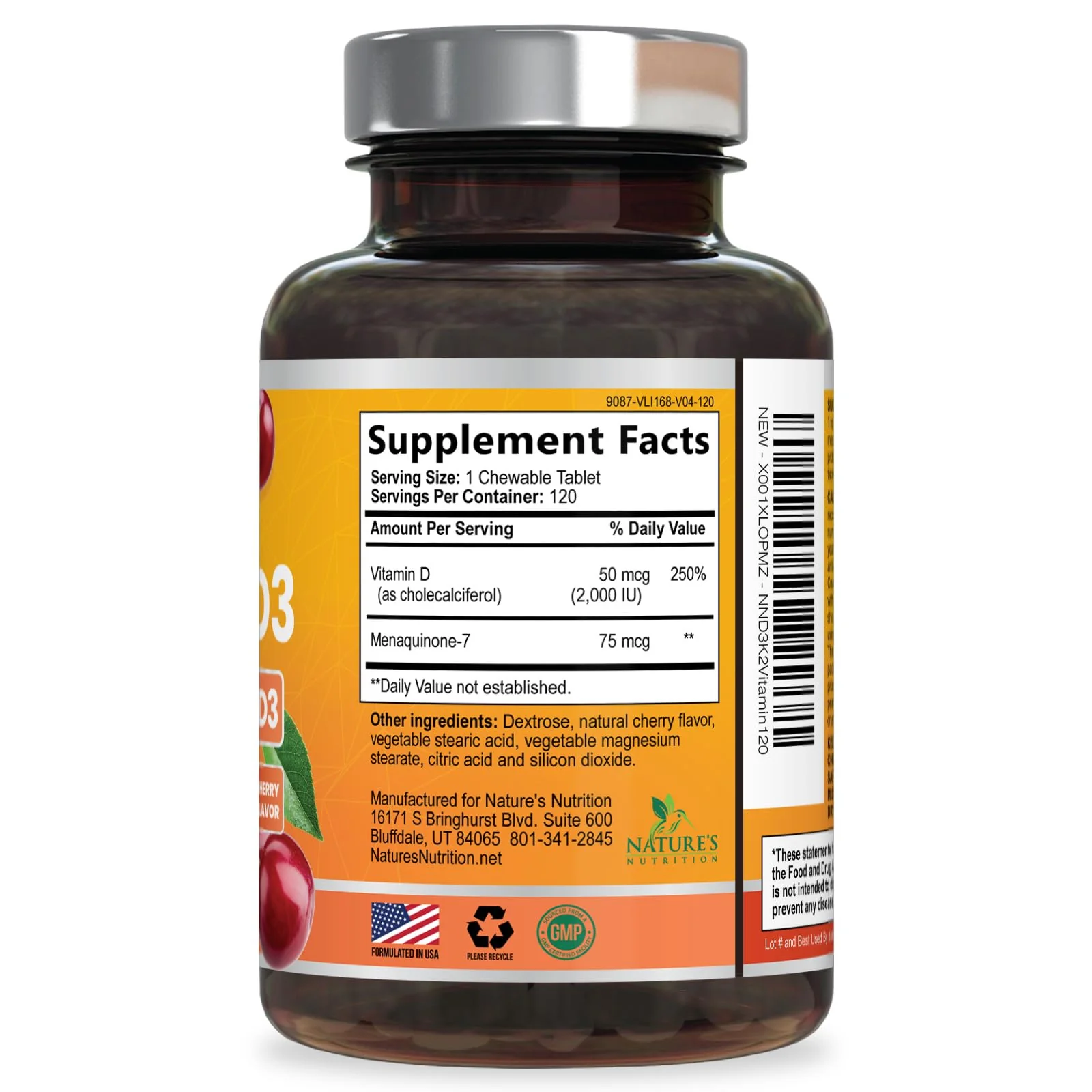 Vitamin D3 2000 IU 50mcg Per Serving - Vitamins D & K2 (MK7) Complex Supplement for Bone, Teeth, Muscle, Calcium Absorption, Supports Immune & Heart Health, Chewable Formula USA Bottled - 120 Tablets - Image 2