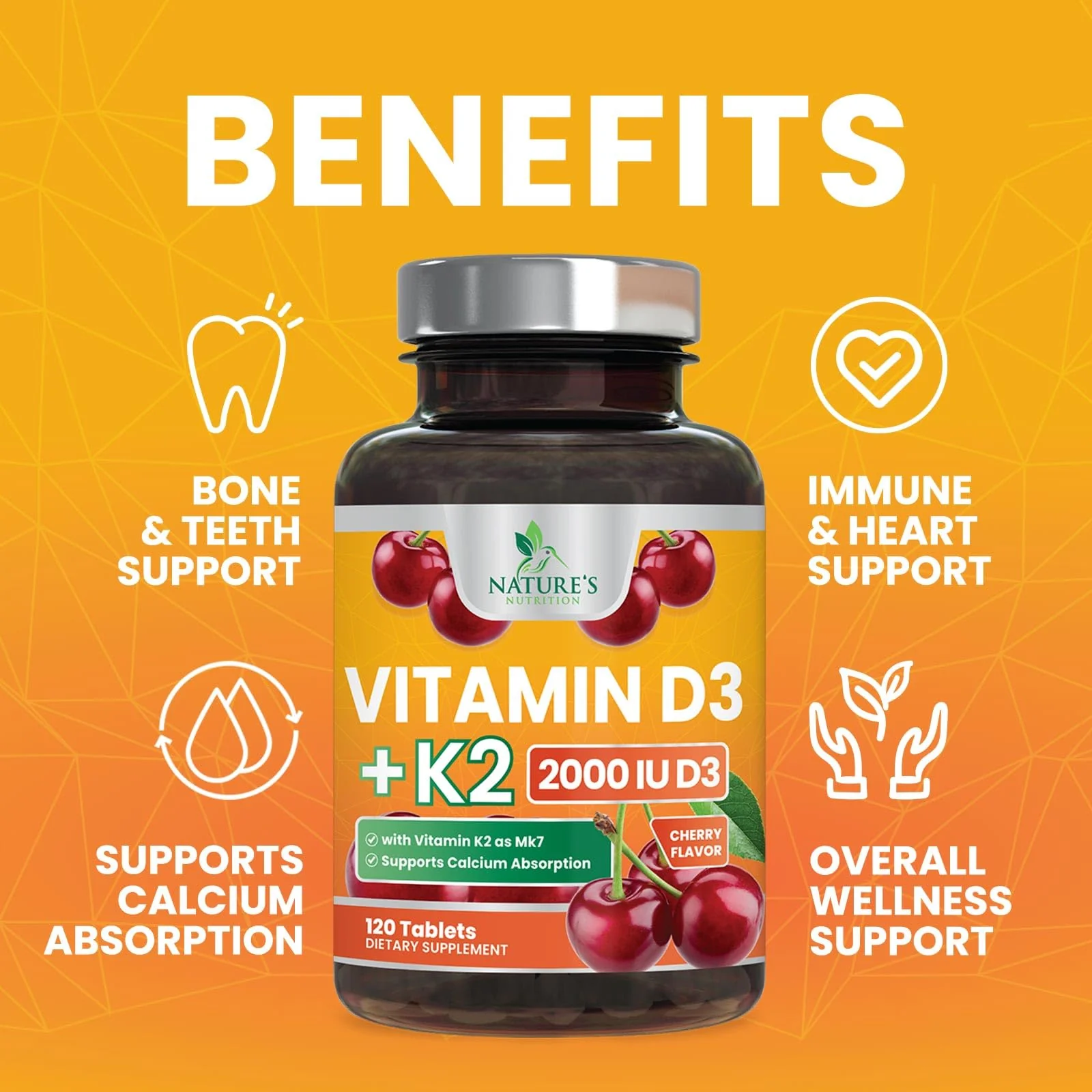Vitamin D3 2000 IU 50mcg Per Serving - Vitamins D & K2 (MK7) Complex Supplement for Bone, Teeth, Muscle, Calcium Absorption, Supports Immune & Heart Health, Chewable Formula USA Bottled - 120 Tablets - Image 6