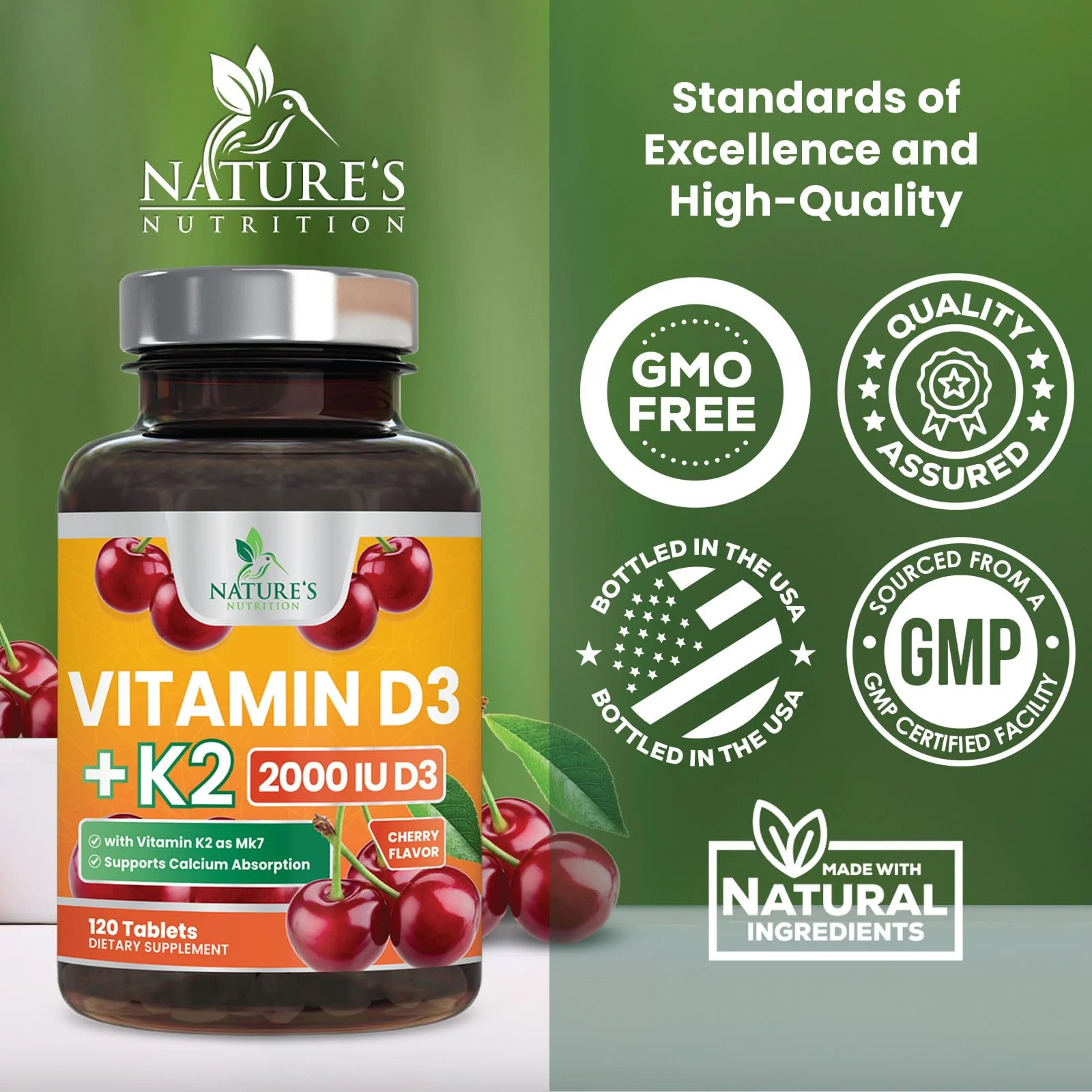 Vitamin D3 2000 IU 50mcg Per Serving - Vitamins D & K2 (MK7) Complex Supplement for Bone, Teeth, Muscle, Calcium Absorption, Supports Immune & Heart Health, Chewable Formula USA Bottled - 120 Tablets - Image 7