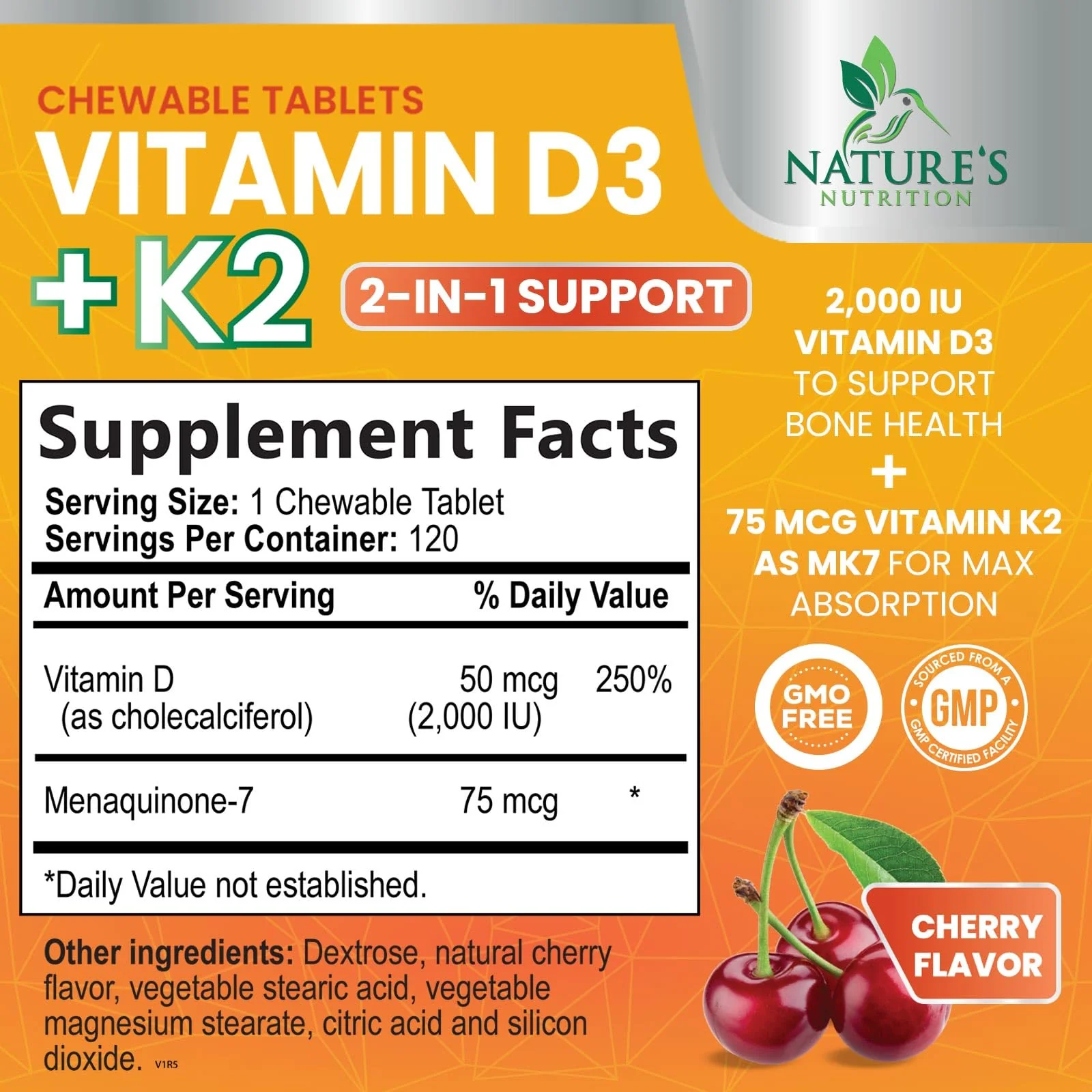 Vitamin D3 2000 IU 50mcg Per Serving - Vitamins D & K2 (MK7) Complex Supplement for Bone, Teeth, Muscle, Calcium Absorption, Supports Immune & Heart Health, Chewable Formula USA Bottled - 120 Tablets - Image 9