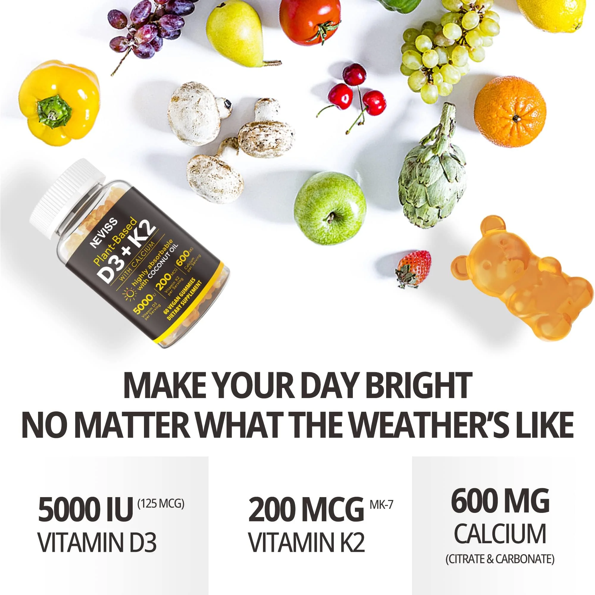 Vitamin D3 5000iu & K2( as MK7 ) 200mcg Gummies + 600mg Calcium, with Coconut Oil for High Absorption, Maximum Strength Vitamin D3 K2 Supplement - Support for Bones Muscle Teeth Immune, Vegan 2Packs - Image 3
