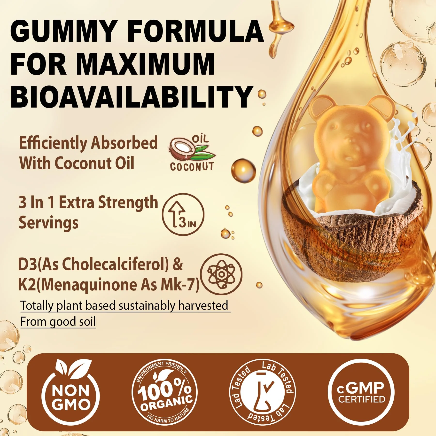 Vitamin D3 5000iu & K2( as MK7 ) 200mcg Gummies + 600mg Calcium, with Coconut Oil for High Absorption, Maximum Strength Vitamin D3 K2 Supplement - Support for Bones Muscle Teeth Immune, Vegan 2Packs - Image 4