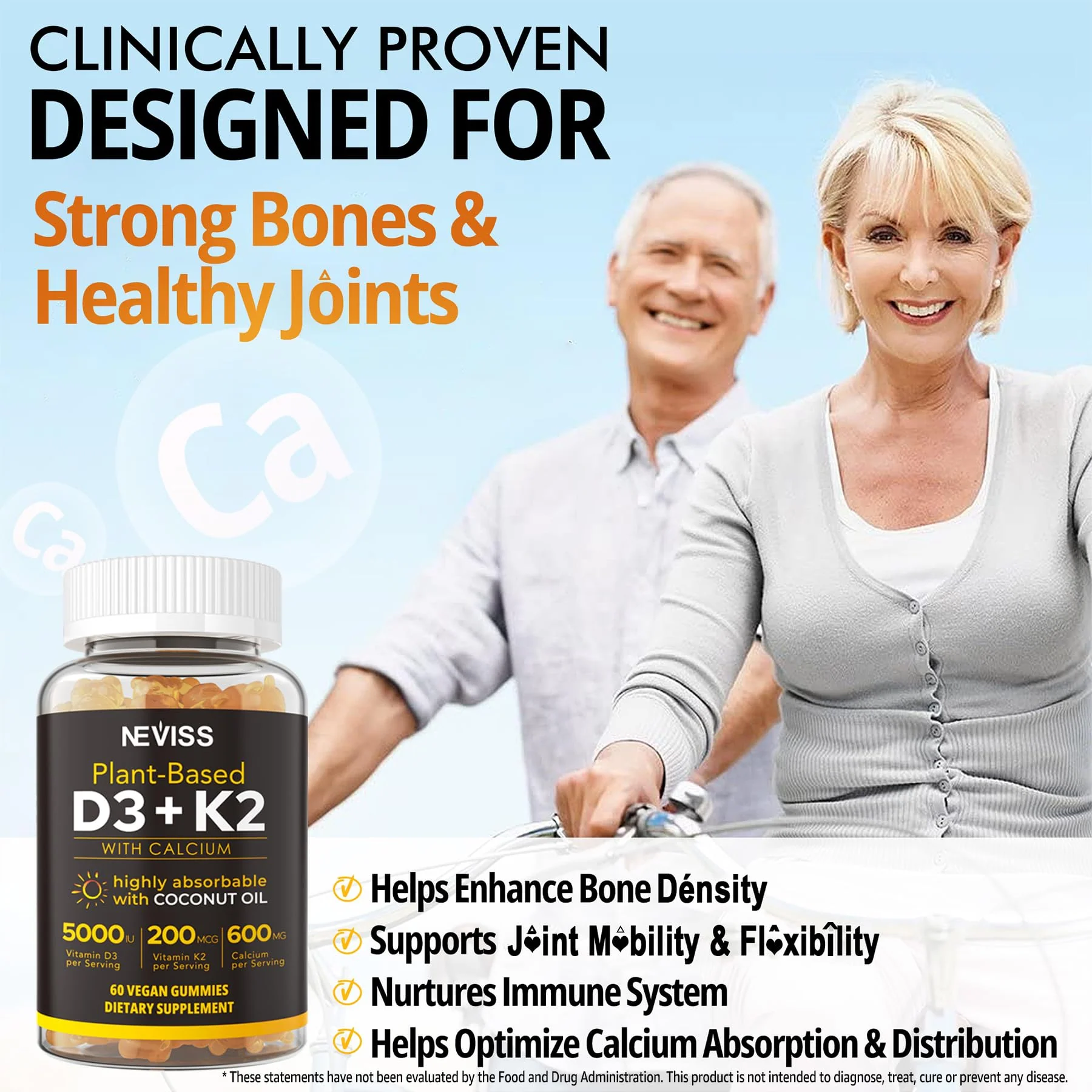 Vitamin D3 5000iu & K2( as MK7 ) 200mcg Gummies + 600mg Calcium, with Coconut Oil for High Absorption, Maximum Strength Vitamin D3 K2 Supplement - Support for Bones Muscle Teeth Immune, Vegan 2Packs - Image 6
