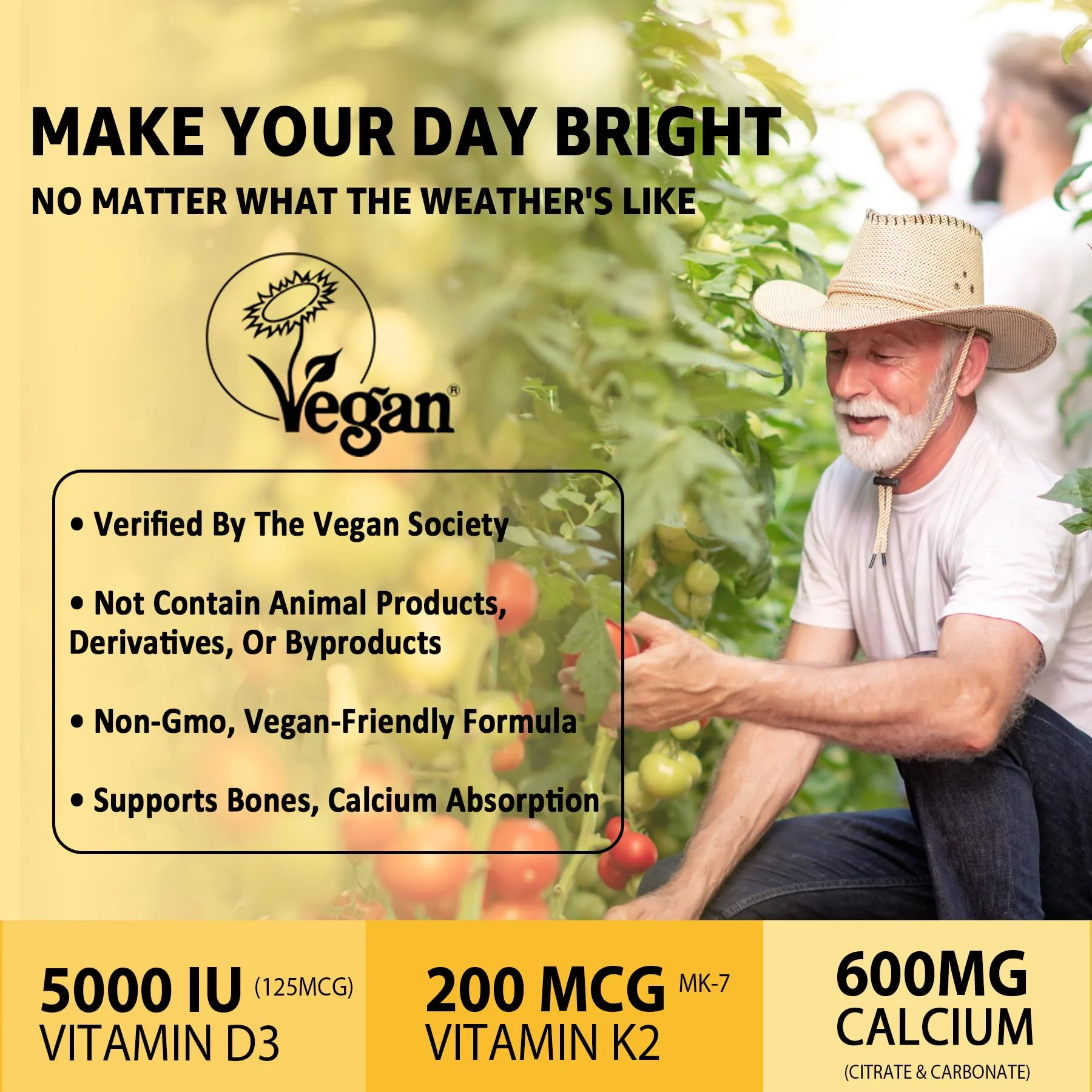 Vitamin D3 5000iu & K2( as MK7 ) 200mcg Gummies + 600mg Calcium, with Coconut Oil for High Absorption, Maximum Strength Vitamin D3 K2 Supplement - Support for Bones Muscle Teeth Immune, Vegan 2Packs - Image 7