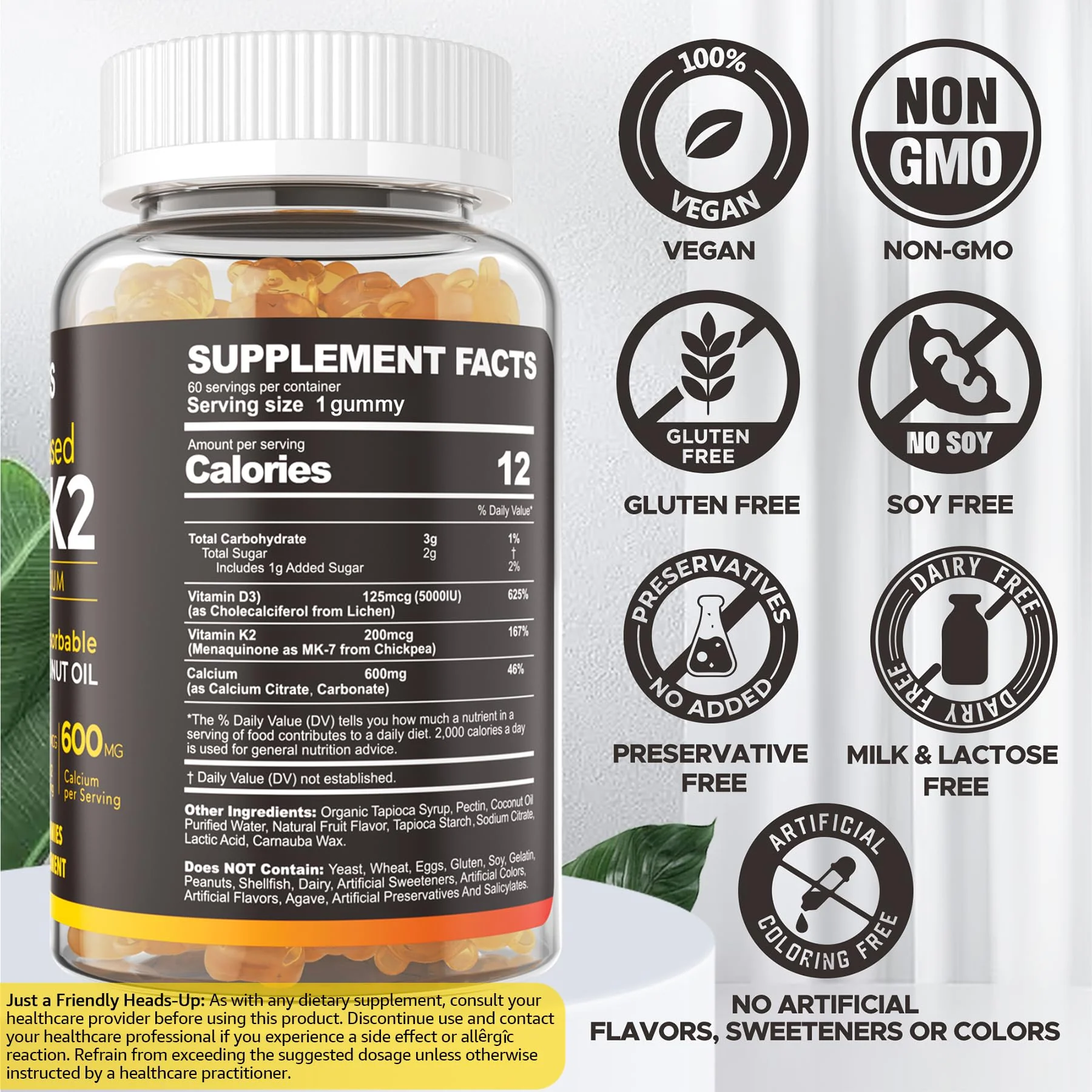Vitamin D3 5000iu & K2( as MK7 ) 200mcg Gummies + 600mg Calcium, with Coconut Oil for High Absorption, Maximum Strength Vitamin D3 K2 Supplement - Support for Bones Muscle Teeth Immune, Vegan 2Packs - Image 8