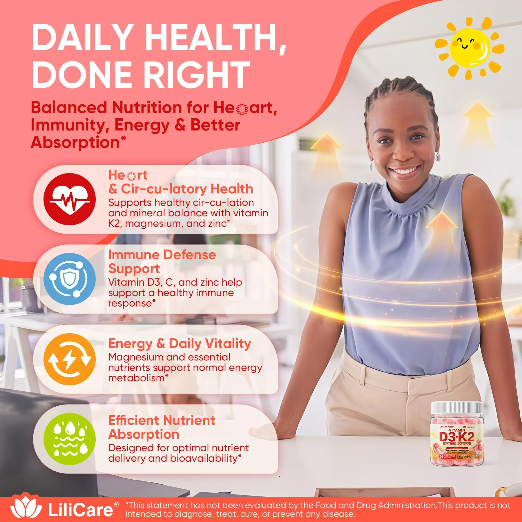 Vitamin D3 K2 Gummies 5000IU / 10,000 IU with 500mg Calcium + K2(MK-7) 200mcg, Magnesium, Vitamin C & Zinc, Extra Strength - Ultimate Absorbency for Bones, Muscles, Teeth, Vegan, 60 Count (Pack of 1) - Image 6