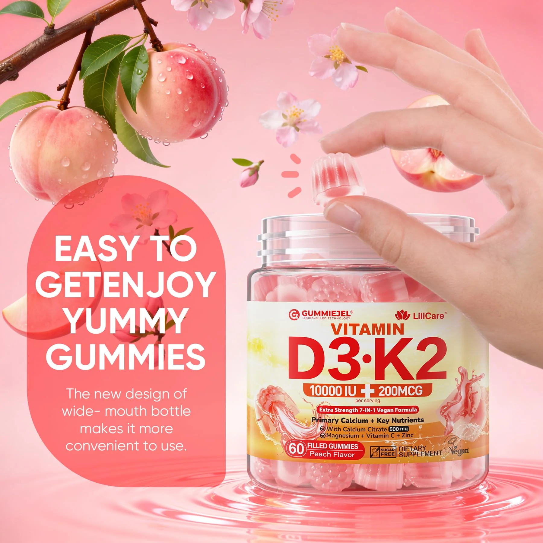 Vitamin D3 K2 Gummies 5000IU / 10,000 IU with 500mg Calcium + K2(MK-7) 200mcg, Magnesium, Vitamin C & Zinc, Extra Strength - Ultimate Absorbency for Bones, Muscles, Teeth, Vegan, 60 Count (Pack of 1) - Image 8