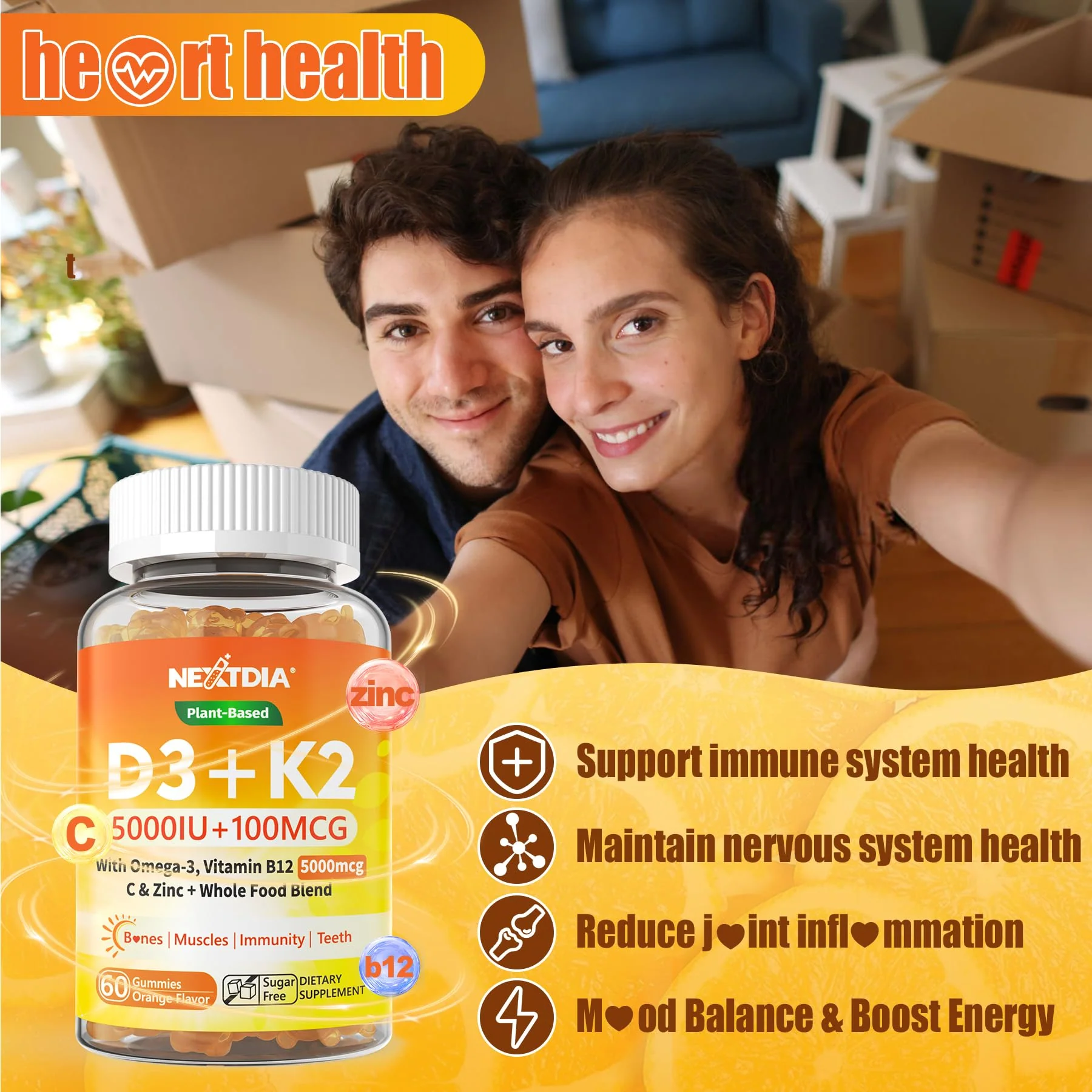 Vitamin D3 K2 Gummies 5000IU / 10,000 IU with Omega-3 250mg+K2(MK-7) 100mcg -5X Absorption Than Standard D3K2,with Vitamin C,Zinc,and 5 Organic Vegetables,Supports Bone & Teeth Strength, Immune,1 Pack - Image 4