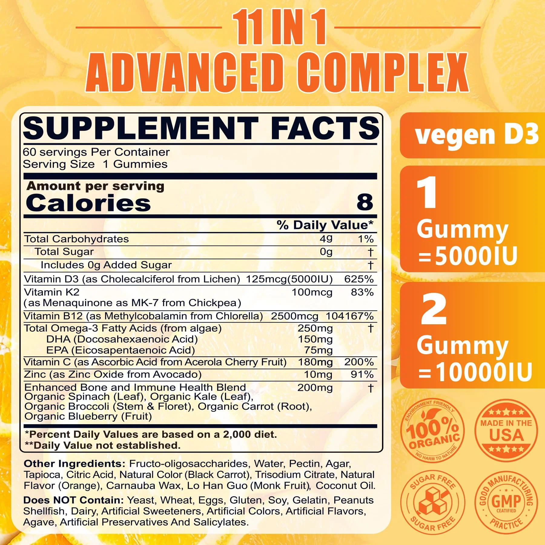 Vitamin D3 K2 Gummies 5000IU / 10,000 IU with Omega-3 250mg+K2(MK-7) 100mcg -5X Absorption Than Standard D3K2,with Vitamin C,Zinc,and 5 Organic Vegetables,Supports Bone & Teeth Strength, Immune,1 Pack - Image 8