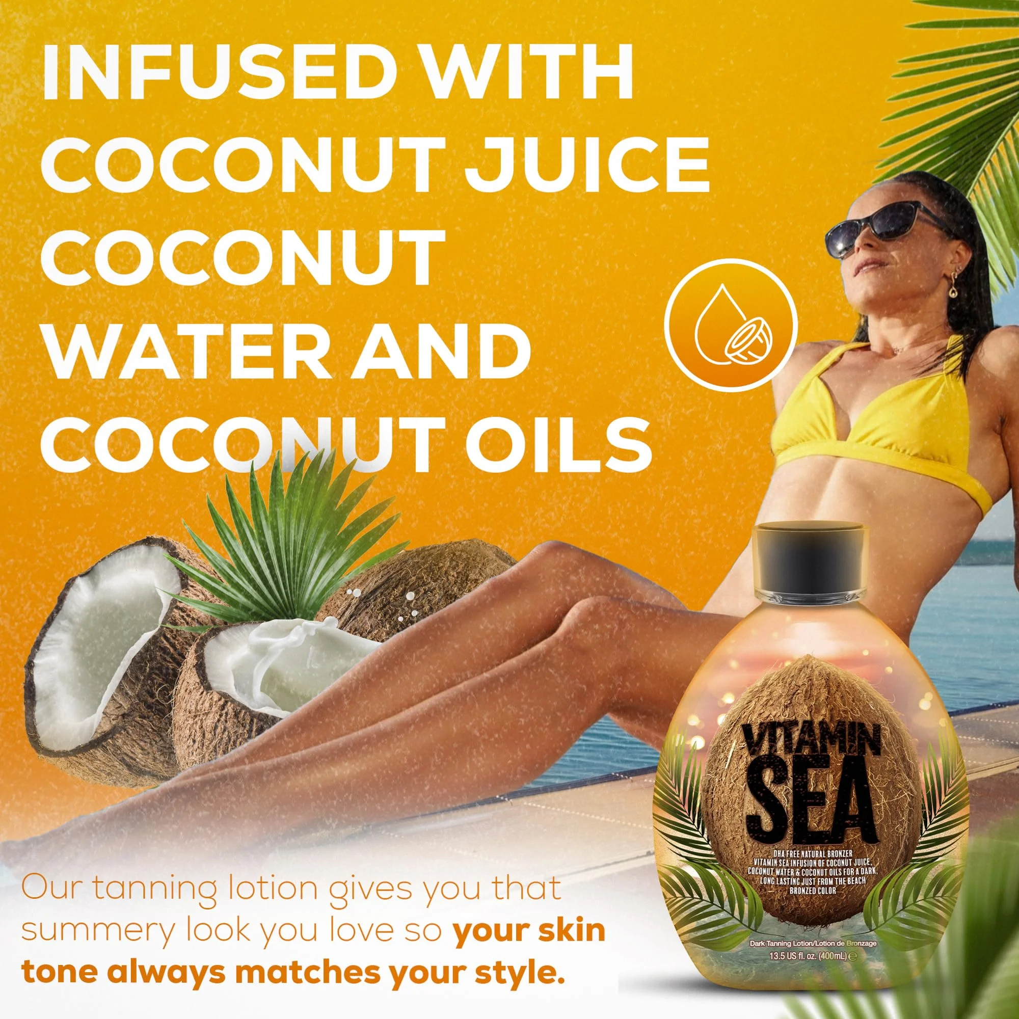 Vitamin Sea Natural Bronzer Tanning Lotion with Coconut Oil, DHA-Free for Sensitive Skin, Streak-Free Bronzing Accelerator 13.5oz - Safe for Indoor Tanning Beds - Image 2