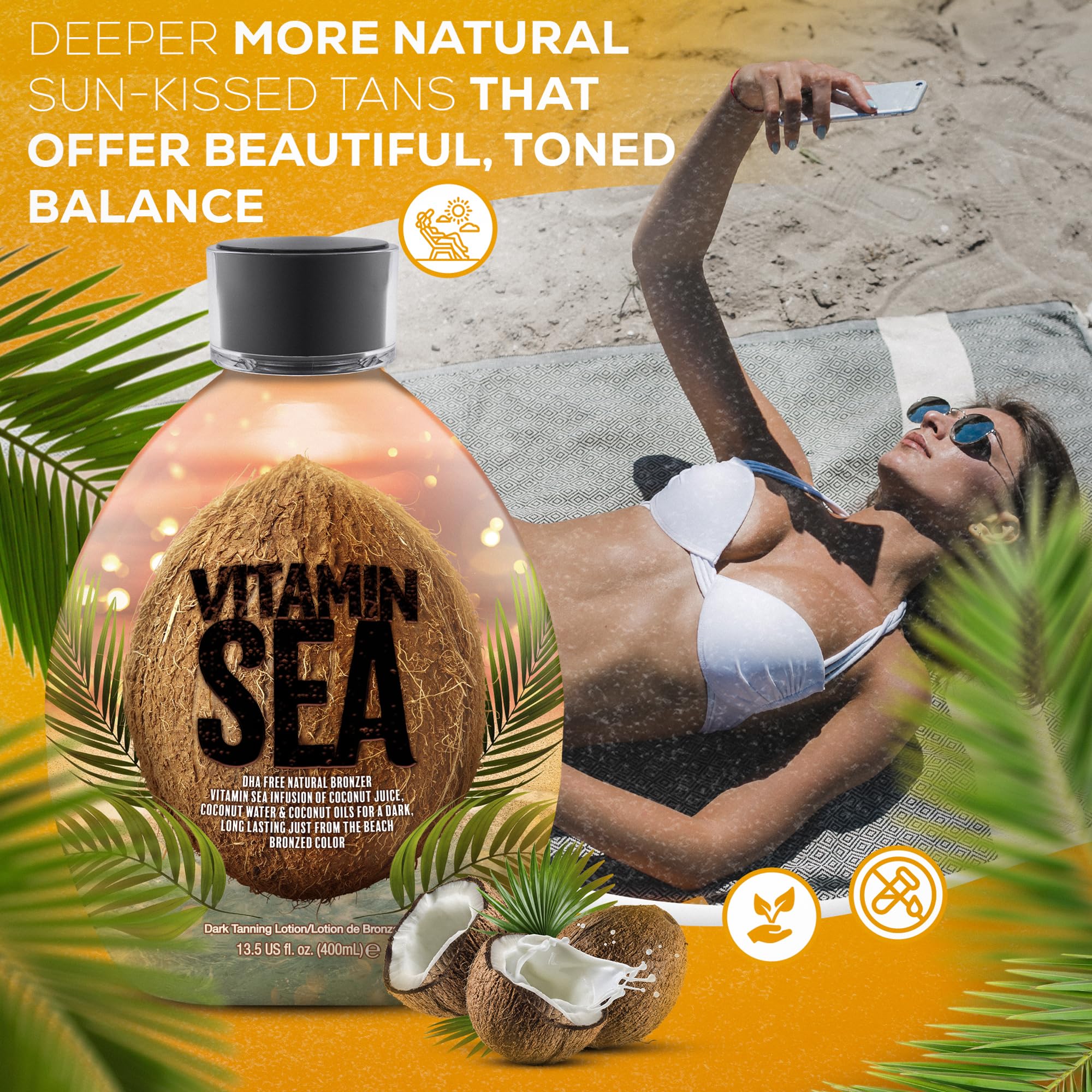 Vitamin Sea Natural Bronzer Tanning Lotion with Coconut Oil, DHA-Free for Sensitive Skin, Streak-Free Bronzing Accelerator 13.5oz - Safe for Indoor Tanning Beds - Image 7