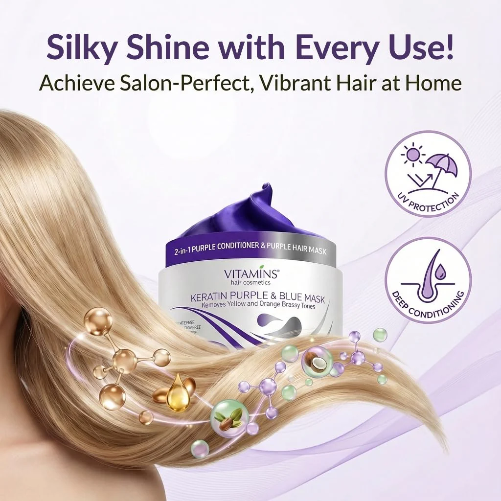 VITAMINS hair cosmetics Keratin Purple Hair Mask - Blue Hair Mask Deep Conditioner Treatment - Blonde Toner to Neutralize Brassiness in Brassy Blonde, Silver, White, Gray & Brown Locks - Image 4