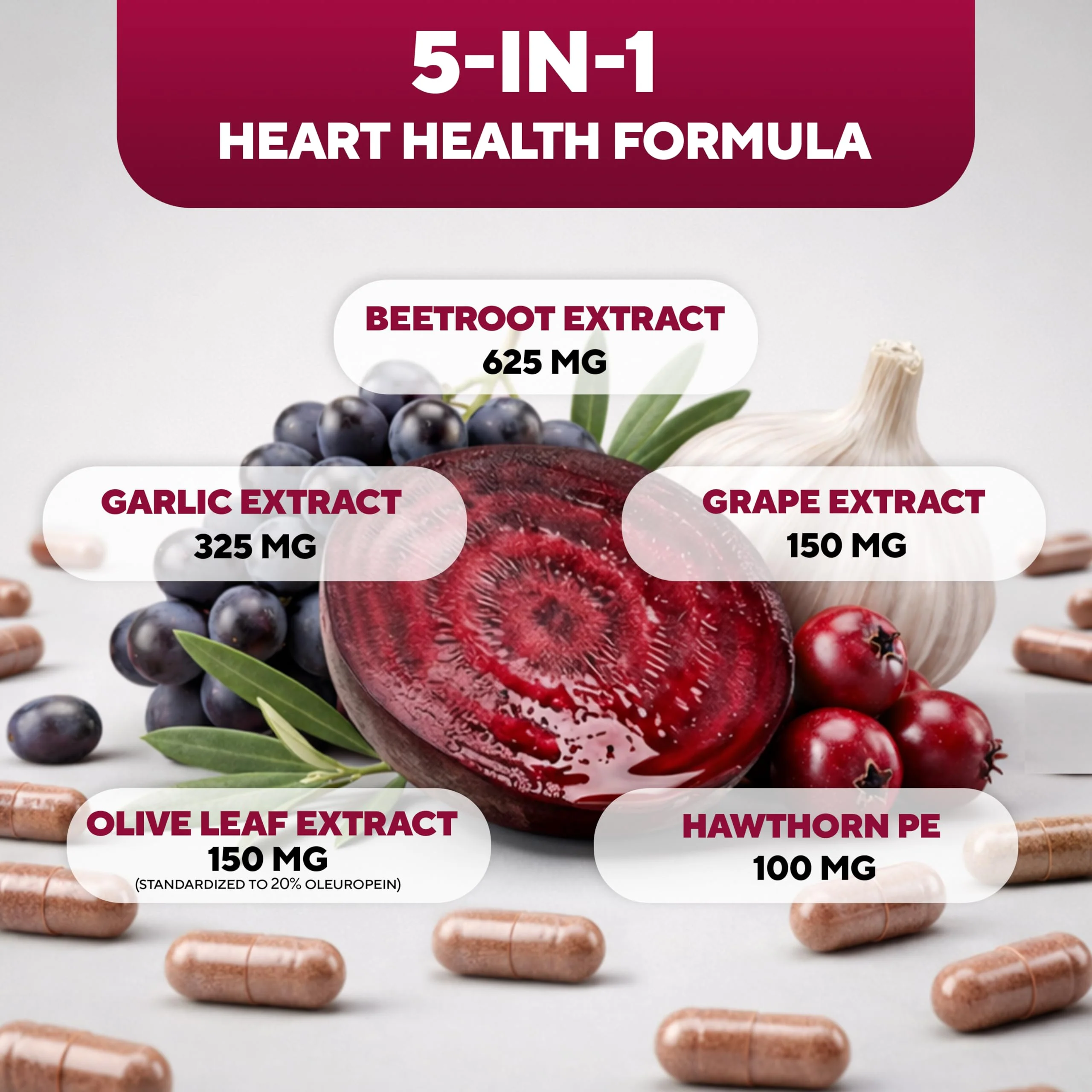 VitaUp Beet Root Capsules - USA Made Beetroot Supplement for Normal Circulation, Nitric Oxide & Heart Support - 5-in-1 Beets with Grape Seed, Garlic Extract, Hawthorn Berry, Olive Leaf - 90 Vegan Caps - Image 2