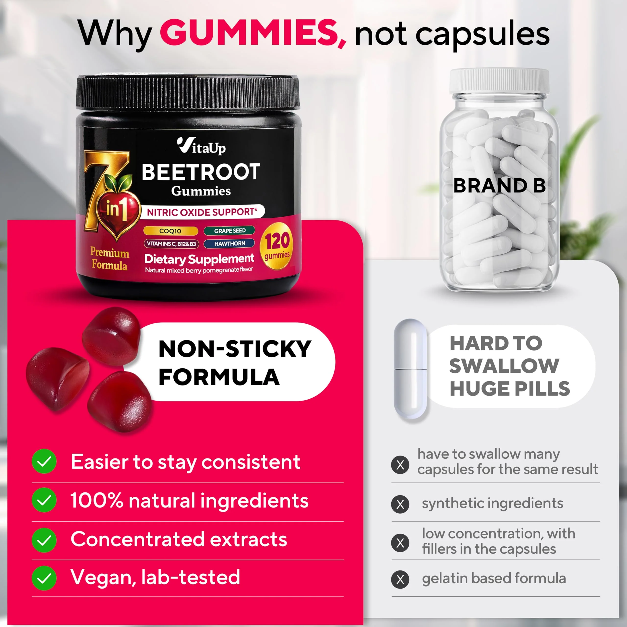 VitaUp Beet Root Gummies – Beetroot Gummies with CoQ10, Grape Seed, Vitamin C, B12 & B3 – Nitric Oxide Gummies for Circulation Support – Beet Supplement for Energy & Immune Support – 120 Beets Chews - Image 9