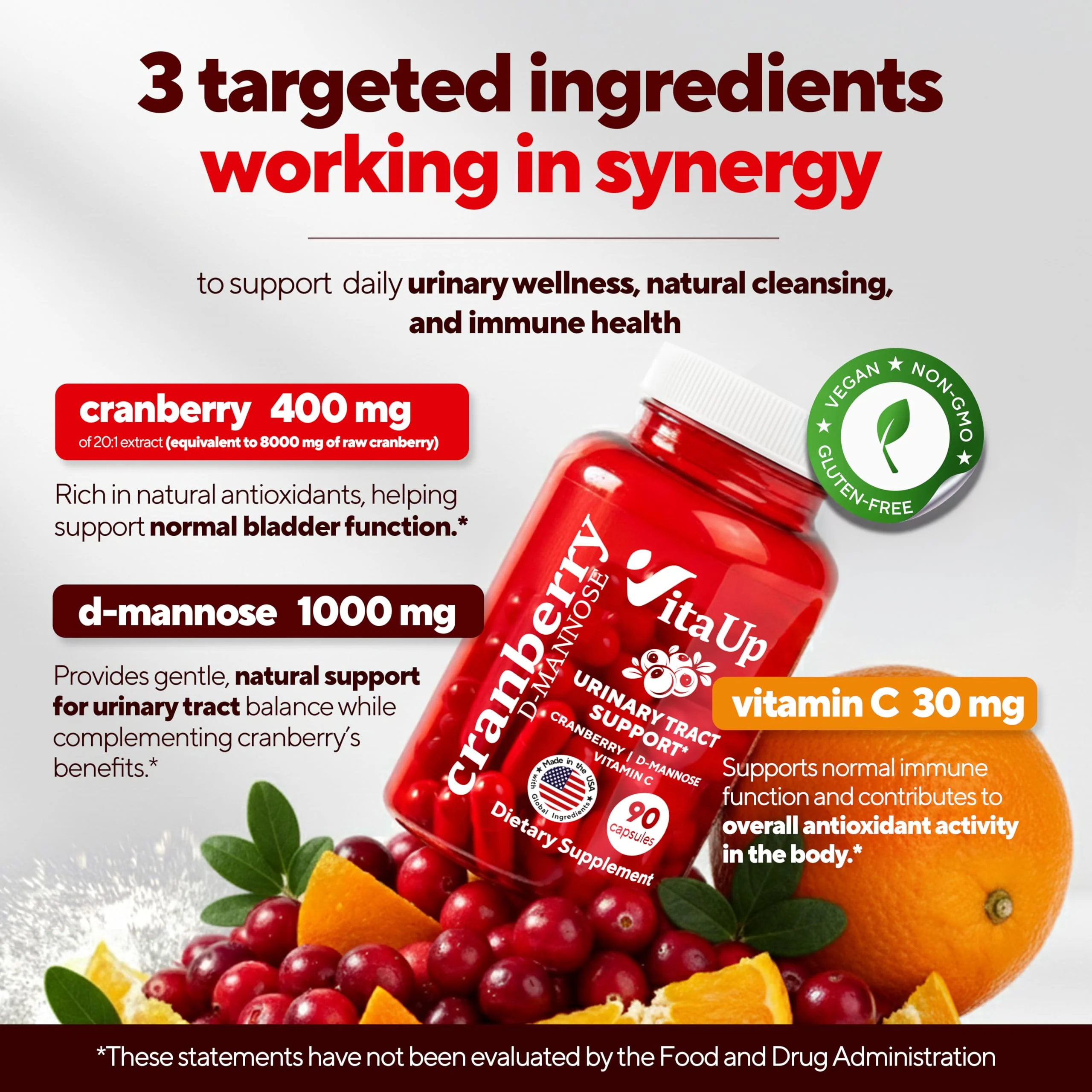 VitaUp D mannose with Cranberry and Vitamin C - USA Made D-mannose 1000mg Capsules - Cranberry Pills for Urinary Tract & Bladder, Immune Support - 90 Count - Image 6