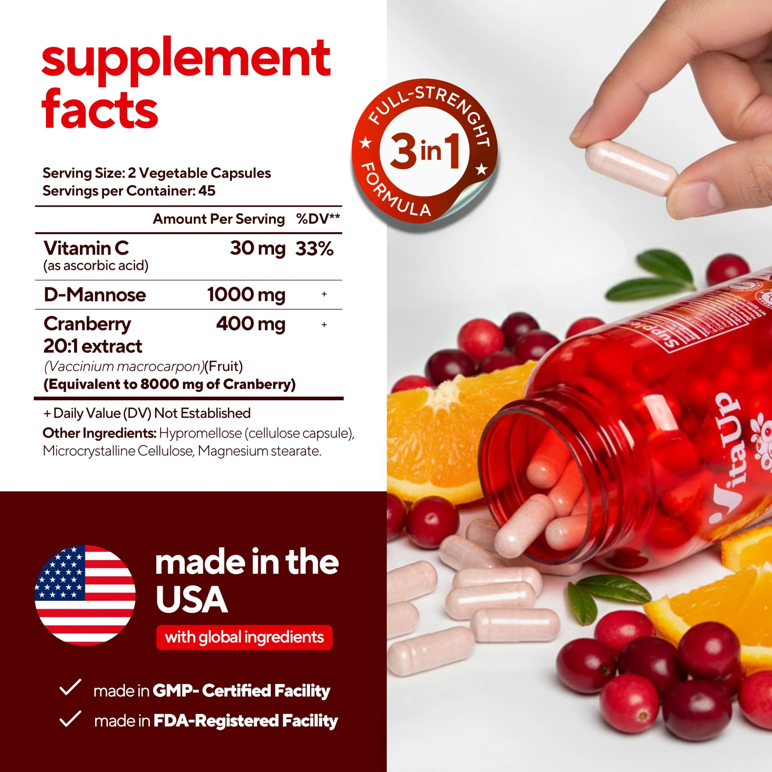 VitaUp D mannose with Cranberry and Vitamin C - USA Made D-mannose 1000mg Capsules - Cranberry Pills for Urinary Tract & Bladder, Immune Support - 90 Count - Image 8