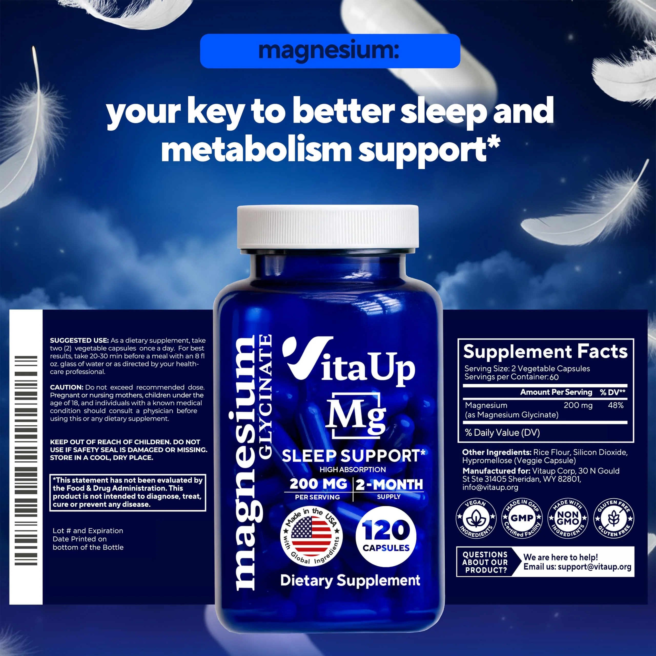 VitaUp Magnesium Glycinate 200mg - USA Made, Highly Absorbed, Non-GMO Magnesium for Relaxation, Deep Sleep, Bones & Heart - 200mg per Serving, 120 Vegan Capsules - Image 2