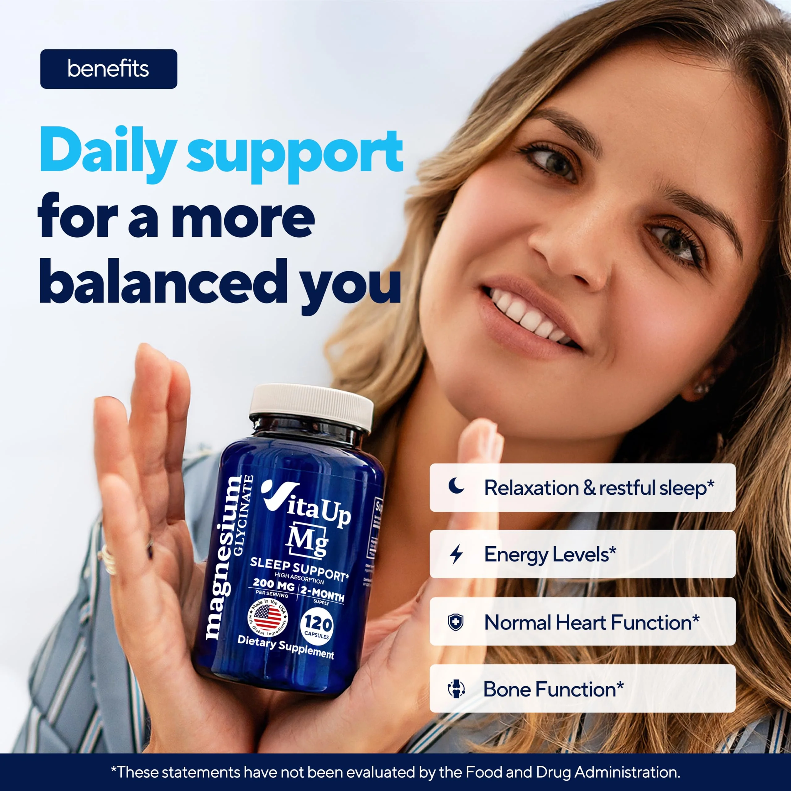 VitaUp Magnesium Glycinate 200mg - USA Made, Highly Absorbed, Non-GMO Magnesium for Relaxation, Deep Sleep, Bones & Heart - 200mg per Serving, 120 Vegan Capsules - Image 6