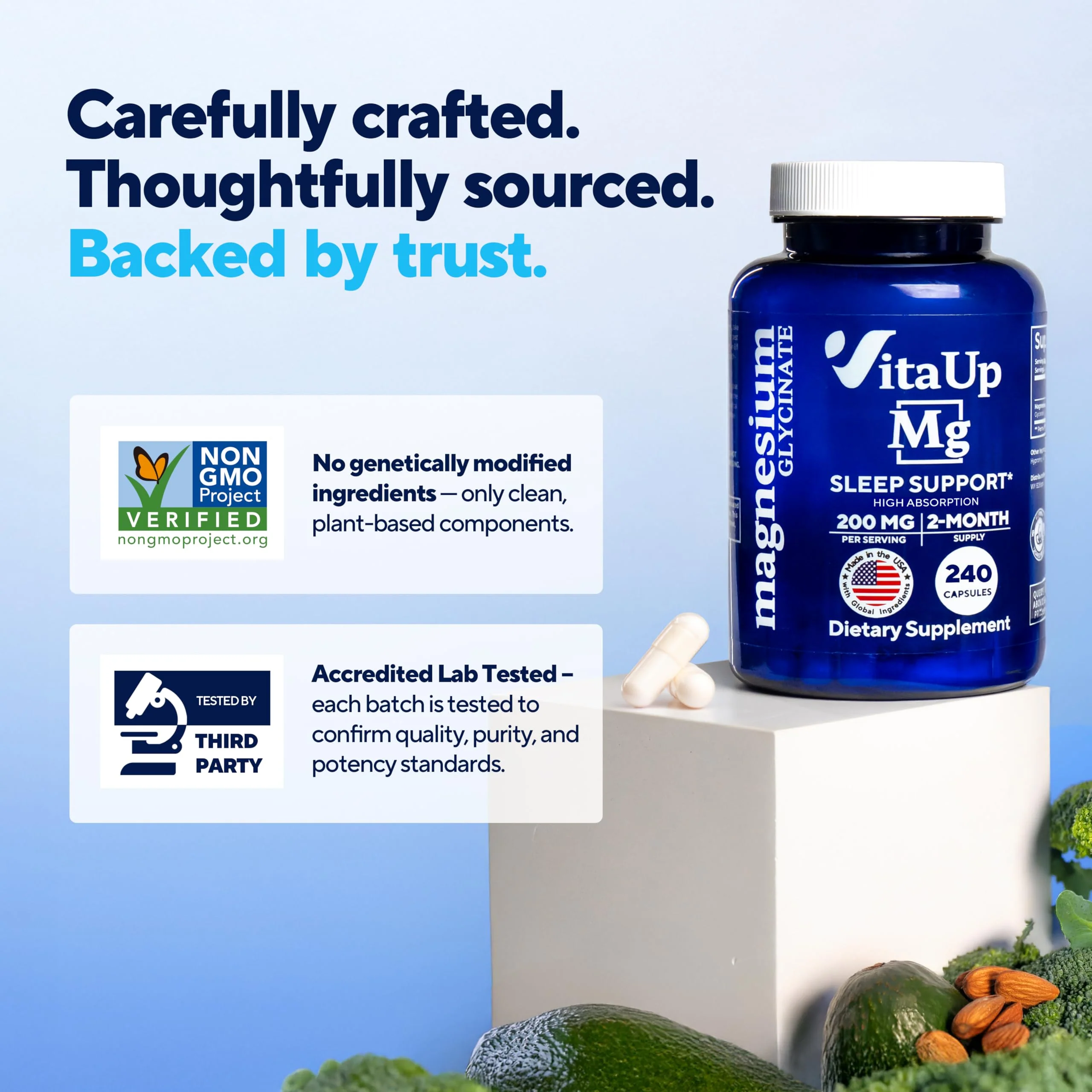 VitaUp Magnesium Glycinate 200mg - USA Made, Highly Absorbed, Non-GMO Magnesium for Relaxation, Deep Sleep, Bones & Heart - 200mg per Serving, 120 Vegan Capsules - Image 7