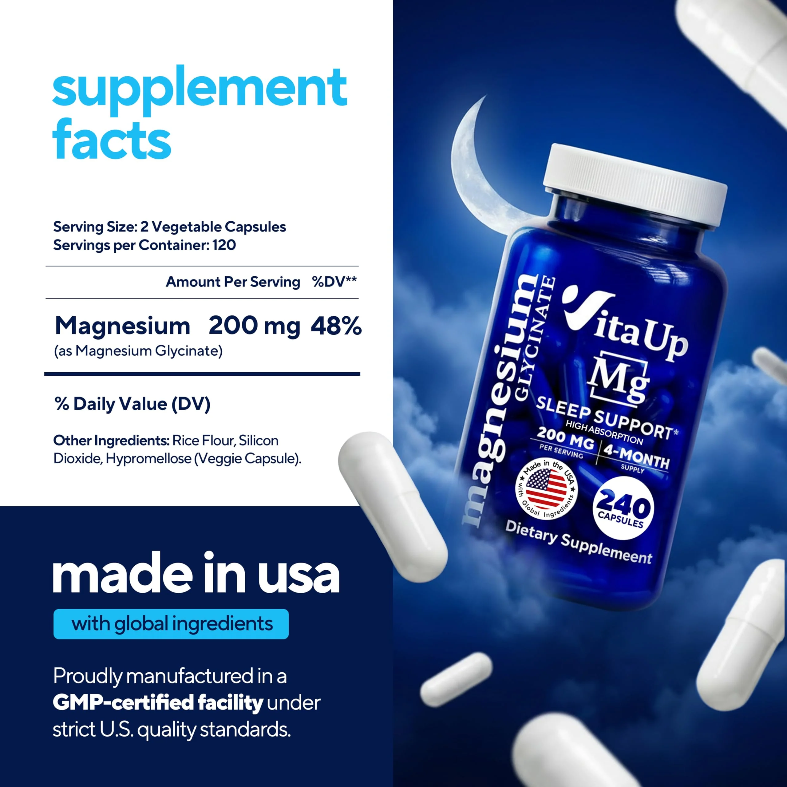 VitaUp Magnesium Glycinate 200mg - USA Made, Highly Absorbed, Non-GMO Magnesium for Relaxation, Deep Sleep, Bones & Heart - 200mg per Serving, 120 Vegan Capsules - Image 9