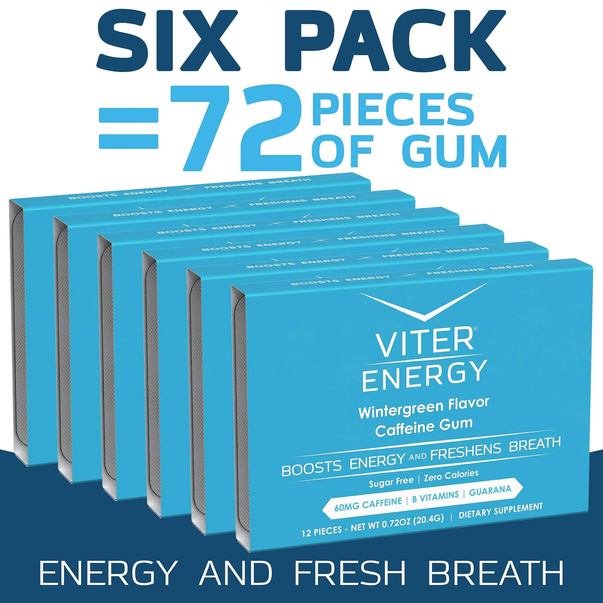 Viter Energy Caffeinated Gum 60mg Caffeine, B Vitamins, Guarana, Sugar Free. (Wintergreen, 12pcs, 6 Pack) - Image 2