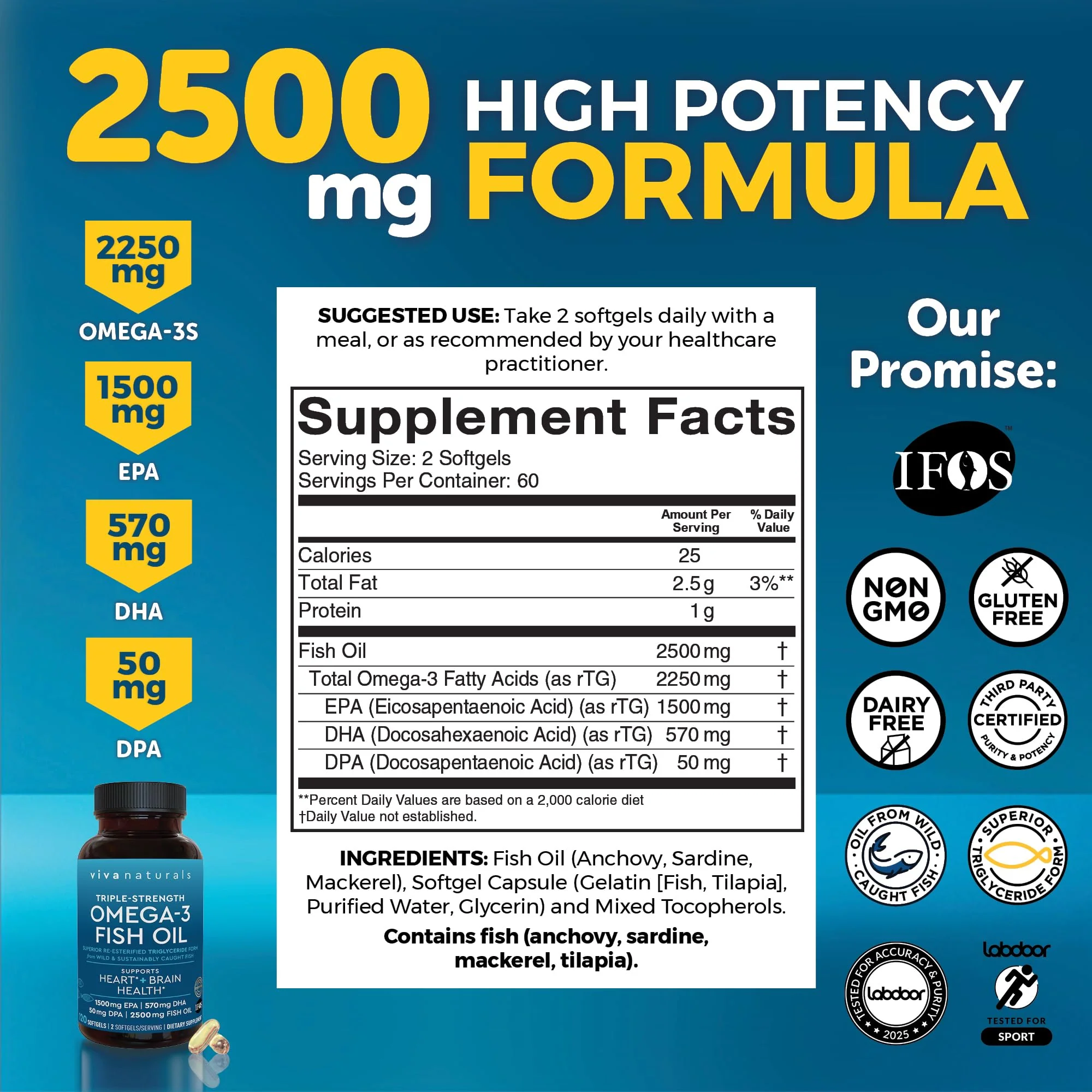 Viva Naturals Omega 3 Fish Oil Supplement for Women and Men - 2500 mg Triple Strength Fish Oil Pills with Re-Esterified Omega 3 Fatty Acids Including EPA, DHA DPA - 120 Pescatarian-Friendly Softgels - Image 2