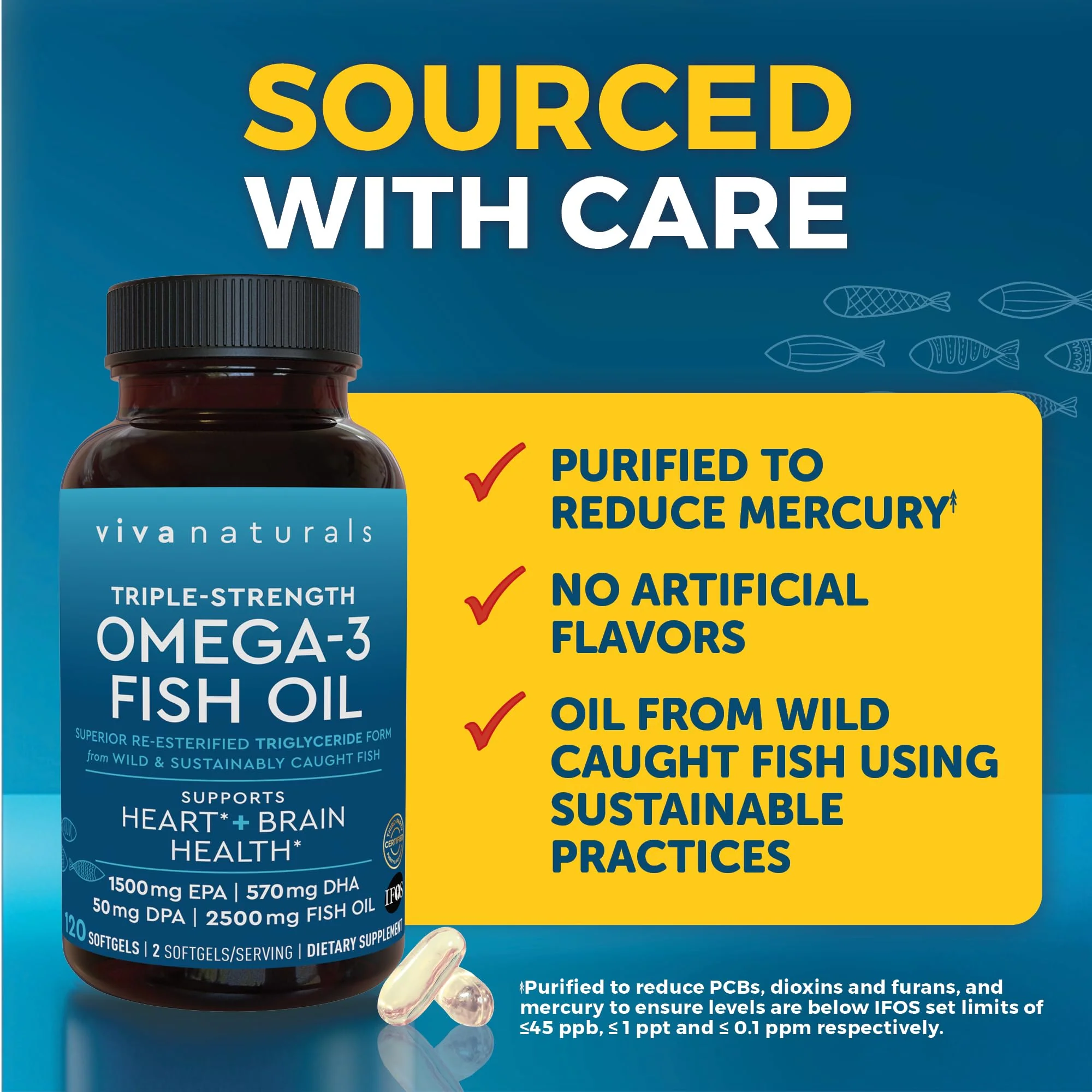 Viva Naturals Omega 3 Fish Oil Supplement for Women and Men - 2500 mg Triple Strength Fish Oil Pills with Re-Esterified Omega 3 Fatty Acids Including EPA, DHA DPA - 120 Pescatarian-Friendly Softgels - Image 7