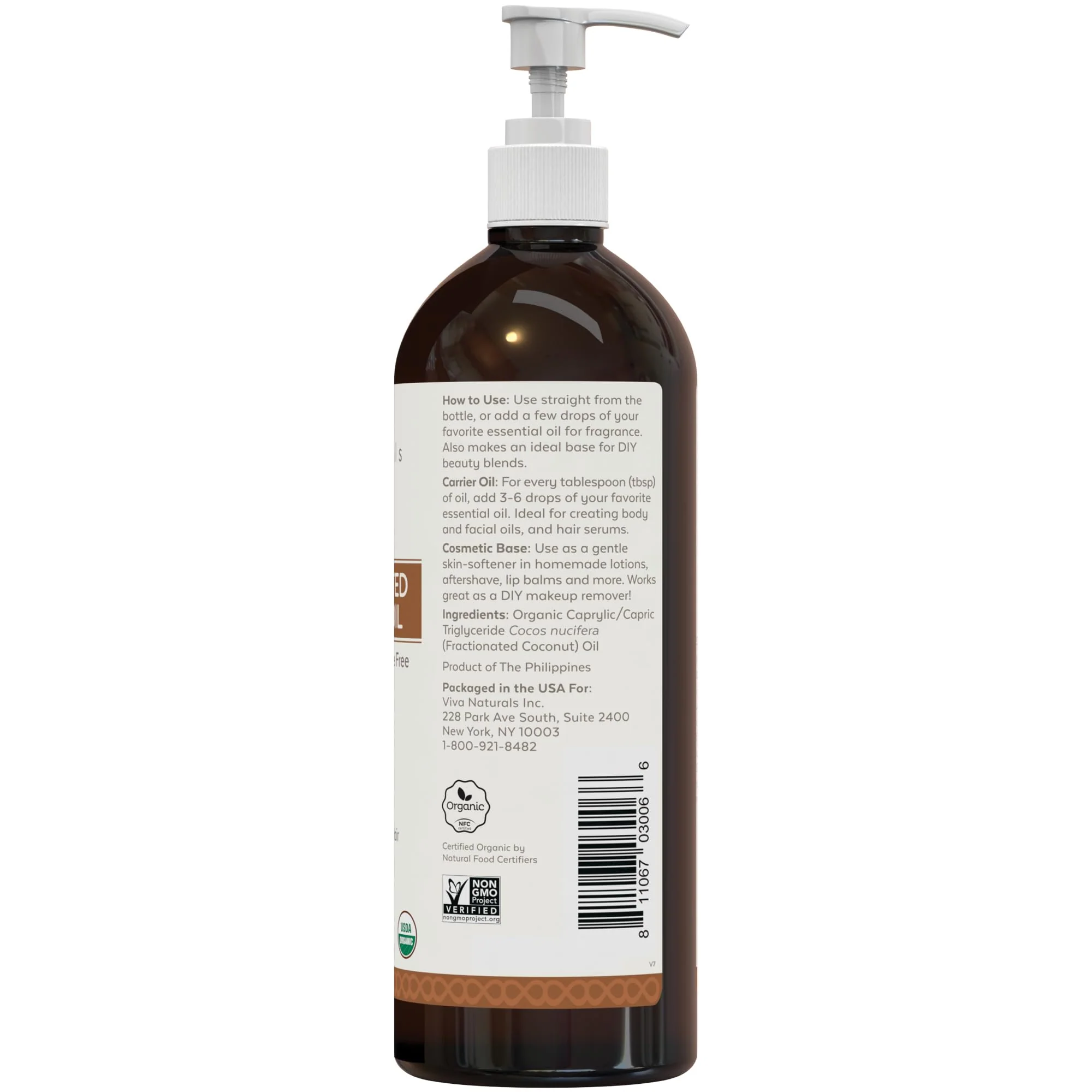 Viva Naturals Organic Fractionated Coconut Oil, 16 fl oz – Skin & Hair Moisturizer, Massage Oil, Carrier Oil for Essential Oils