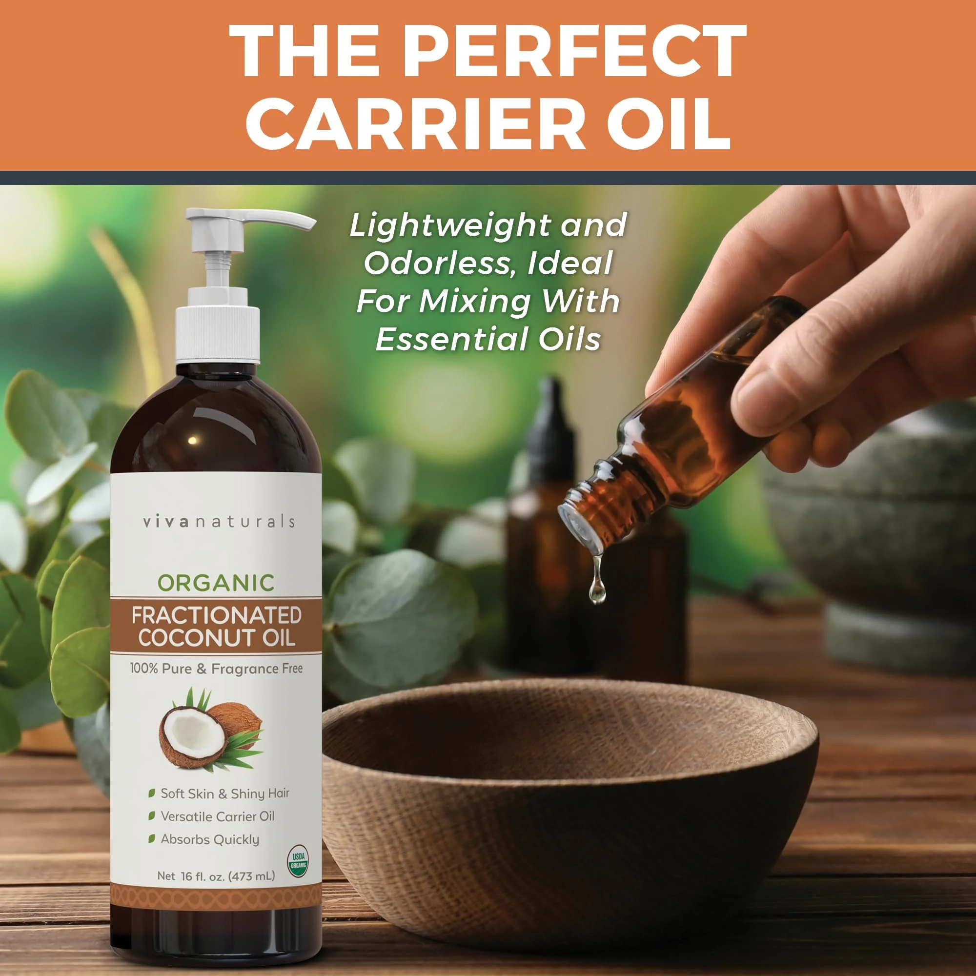 Viva Naturals Organic Fractionated Coconut Oil, 16 fl oz – Skin & Hair Moisturizer, Massage Oil, Carrier Oil for Essential Oils - Image 4