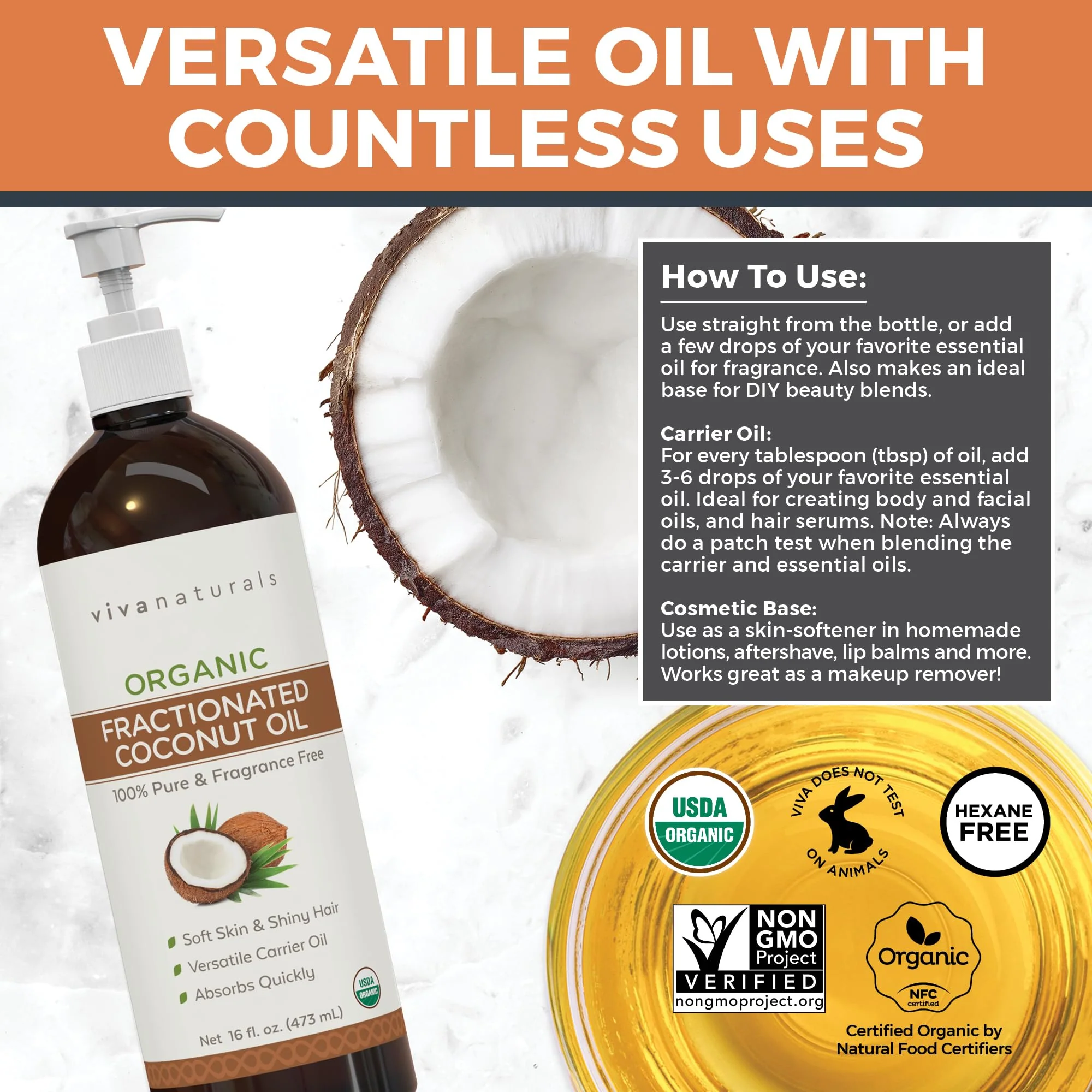 Viva Naturals Organic Fractionated Coconut Oil, 16 fl oz – Skin & Hair Moisturizer, Massage Oil, Carrier Oil for Essential Oils - Image 7