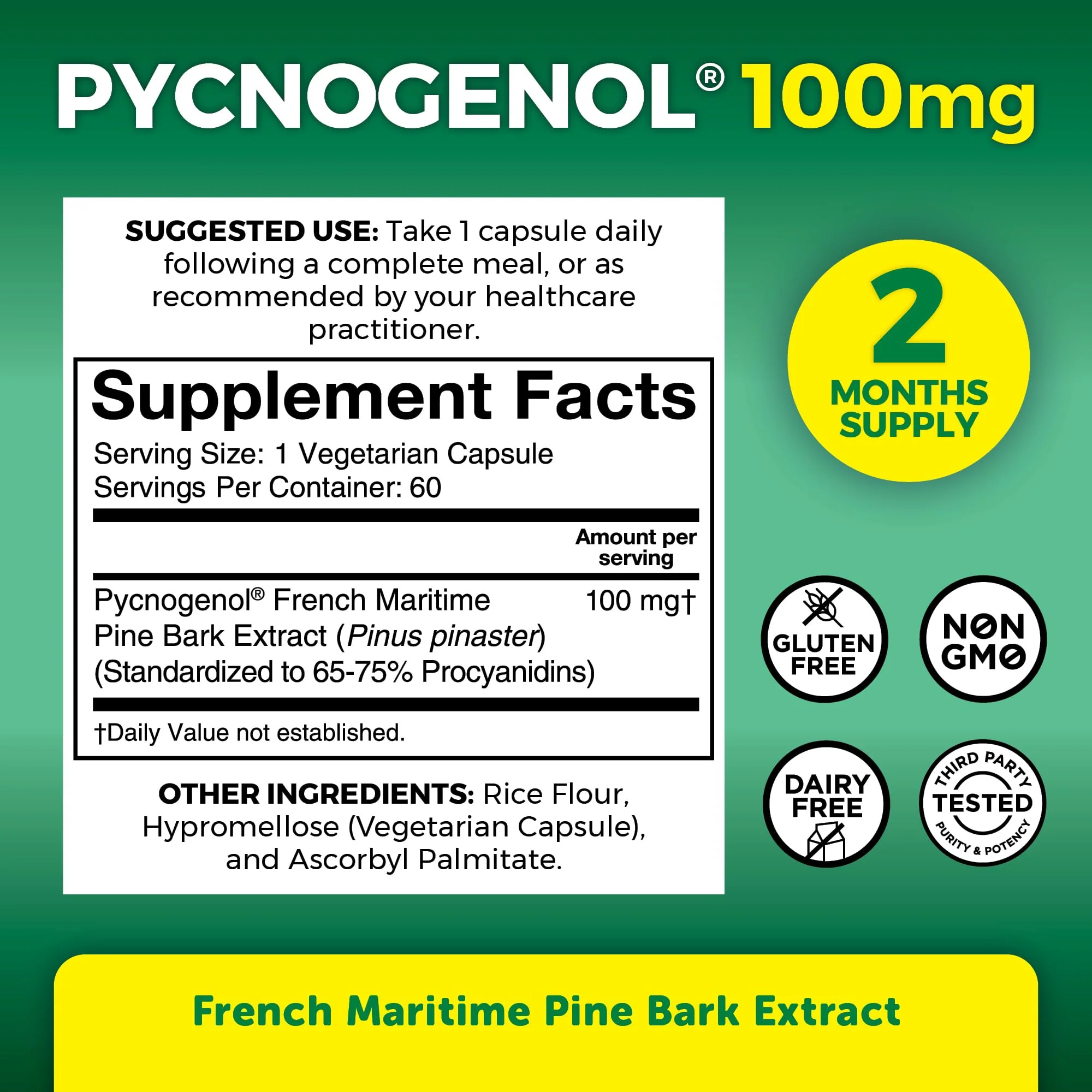 Viva Naturals Pycnogenol - 100mg French Maritime Pine Bark Extract – Supports Circulation, Antioxidant-Like Activity, Joints & Immune Health and Function – 60 Veggie Capsules - Image 3