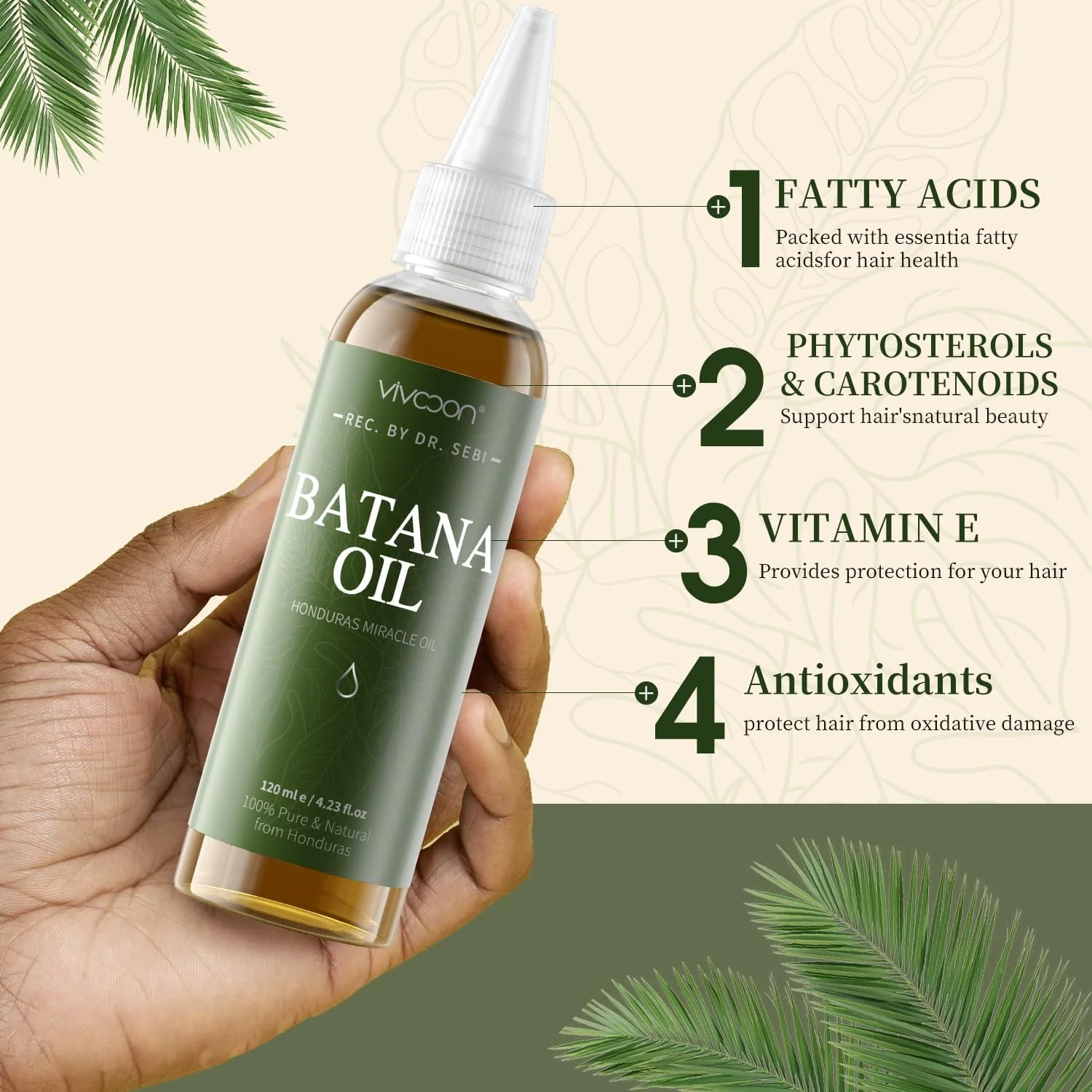 Vivccon Batana Oil for Hair Growth,100% Pure & Natural Raw Batana Oil, Dr. Sebi Organic from Honduras,Care for Hair Thickness,Scalp&Skin,4.23 fl oz,1 Bottle with 2 Caps - Image 3
