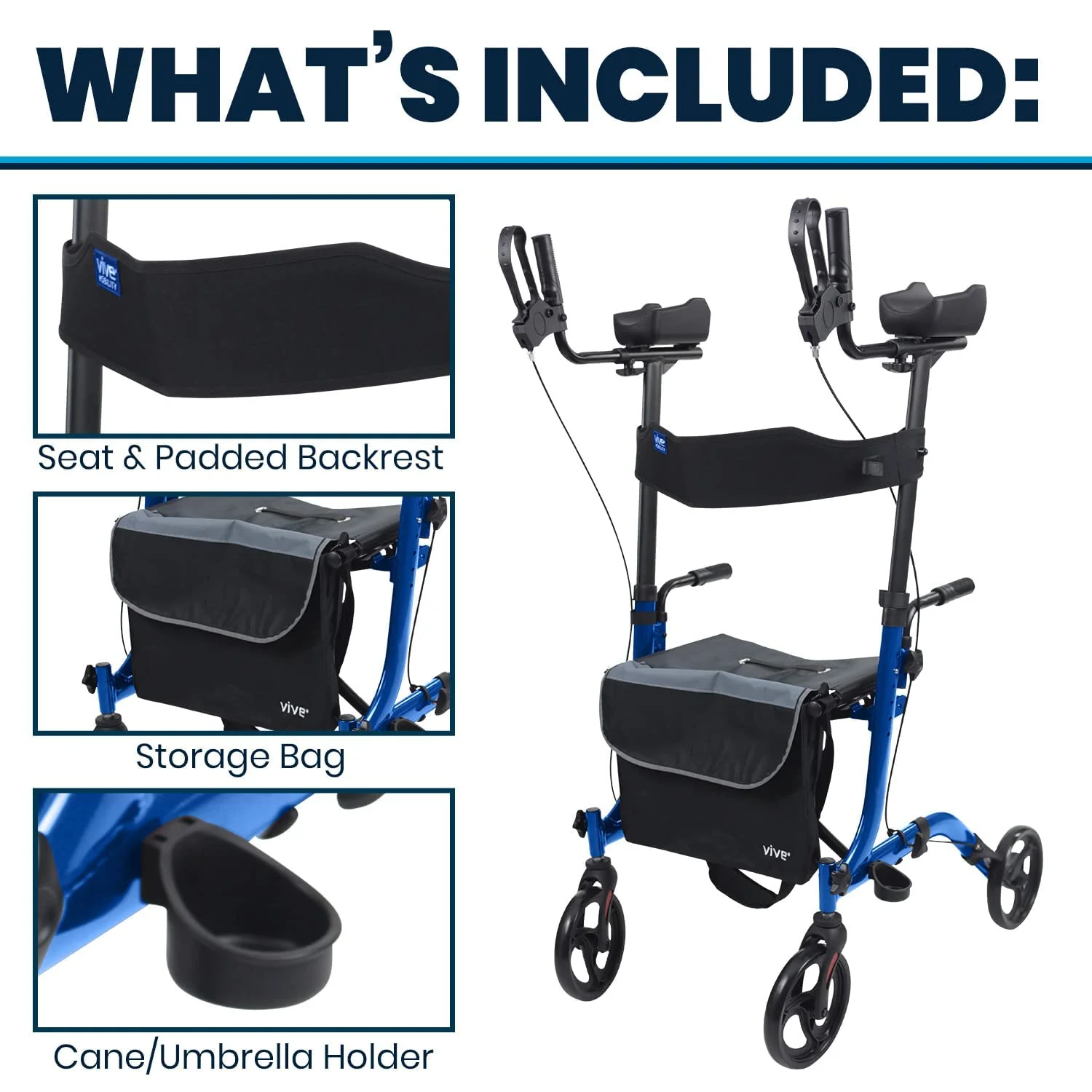 Vive Mobility Upright Walker with Seat, for Seniors, Women - Stand Up Rollator, Arm Rests, Heavy Duty, Folding Medical Aid Scooter for Elderly, Seniors - Walking Foldable Assist (Blue, Black Bag) - Image 2