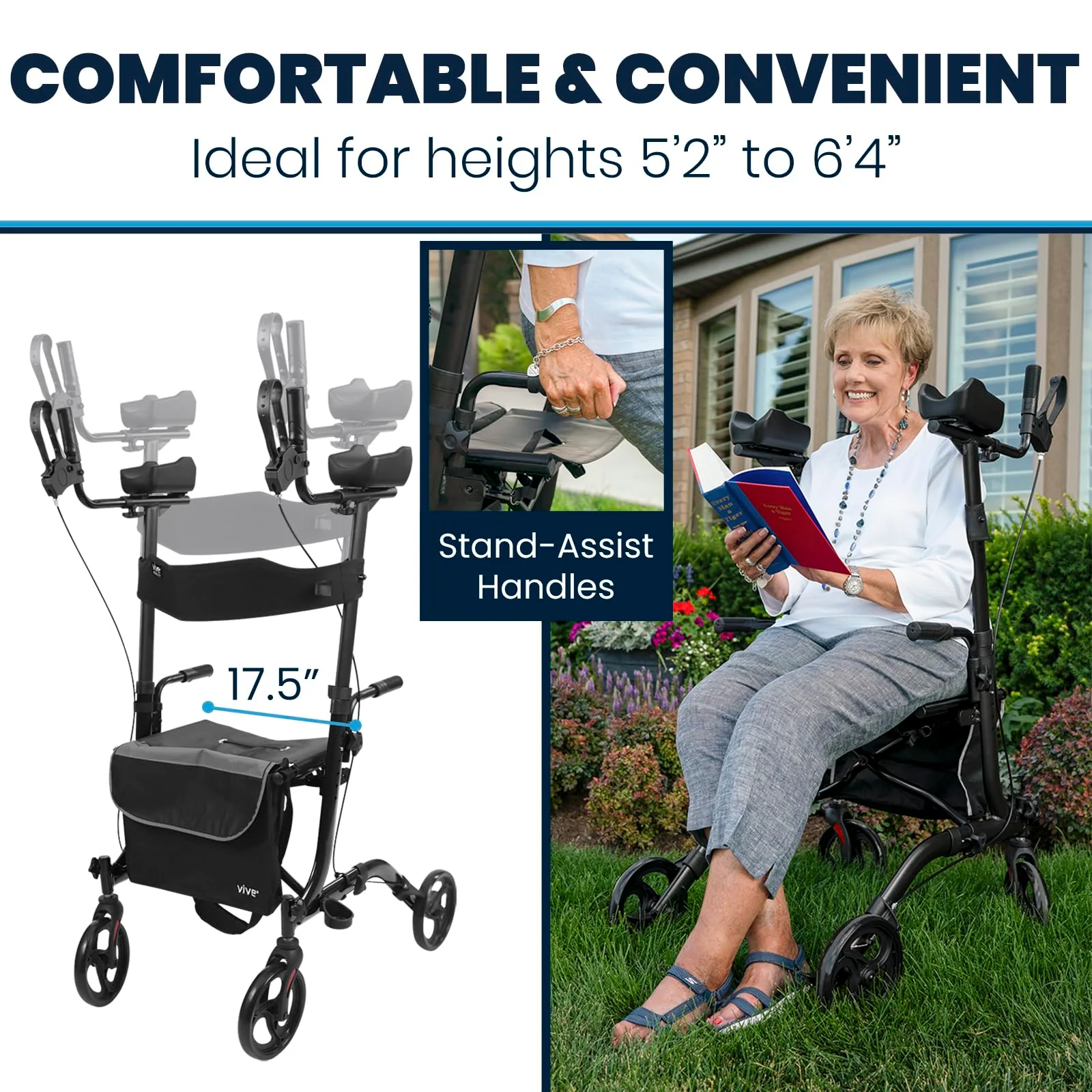 Vive Mobility Upright Walker with Seat, for Seniors, Women - Stand Up Rollator, Arm Rests, Heavy Duty, Folding Medical Aid Scooter for Elderly, Seniors - Walking Foldable Assist (Blue, Black Bag) - Image 6