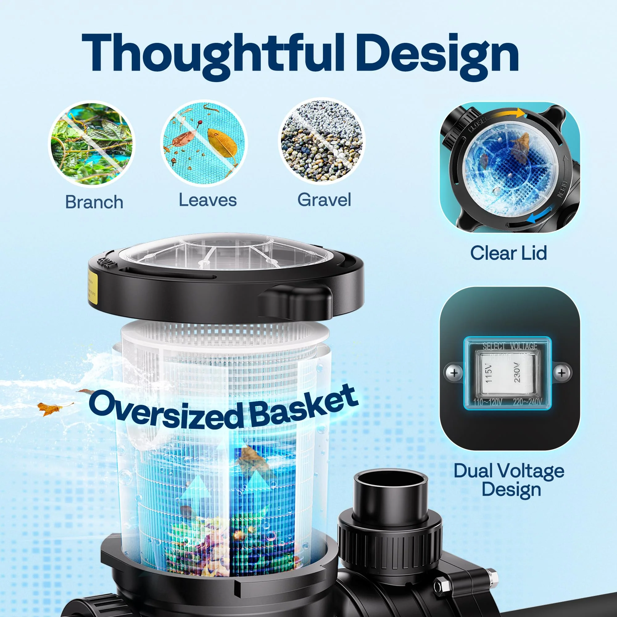 VIVOHOME 2.0HP Pool Pump - 115V/230V Self-Priming Motor - In-Ground/Above Ground - 6800GPH Energy Efficient - 1.5", 2", and 1.25"-1.5" Connectors w/Strainer Basket - Image 6
