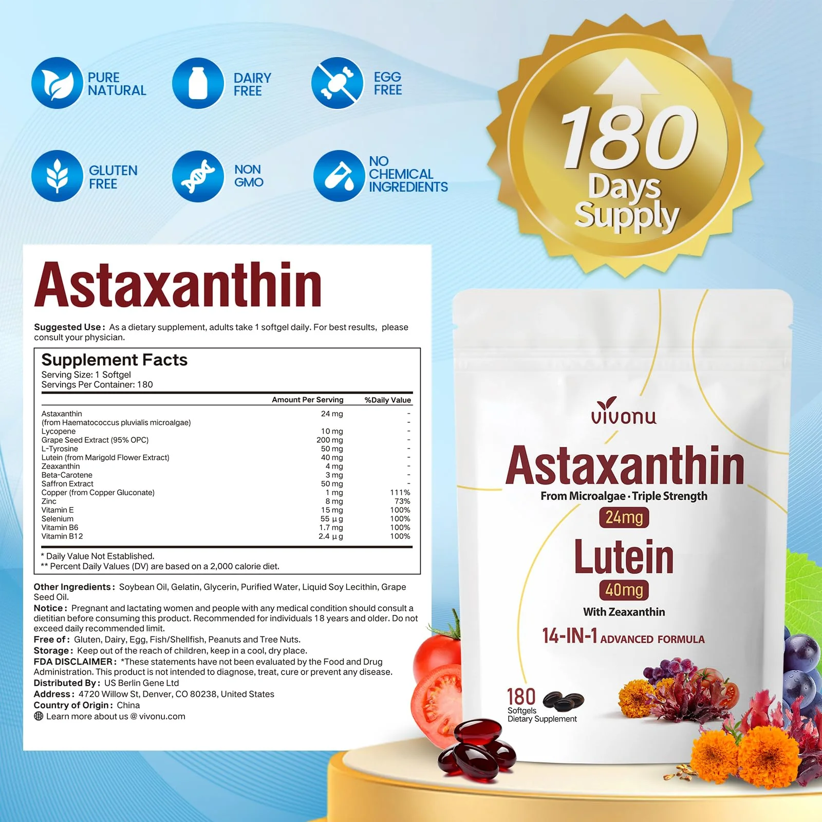 VivoNu 14-in-1 Astaxanthin 24mg & Lutein 40mg with Zeaxanthin Supplements, 24 Month Supply, 720 Softgels, 4 Bag - Image 3