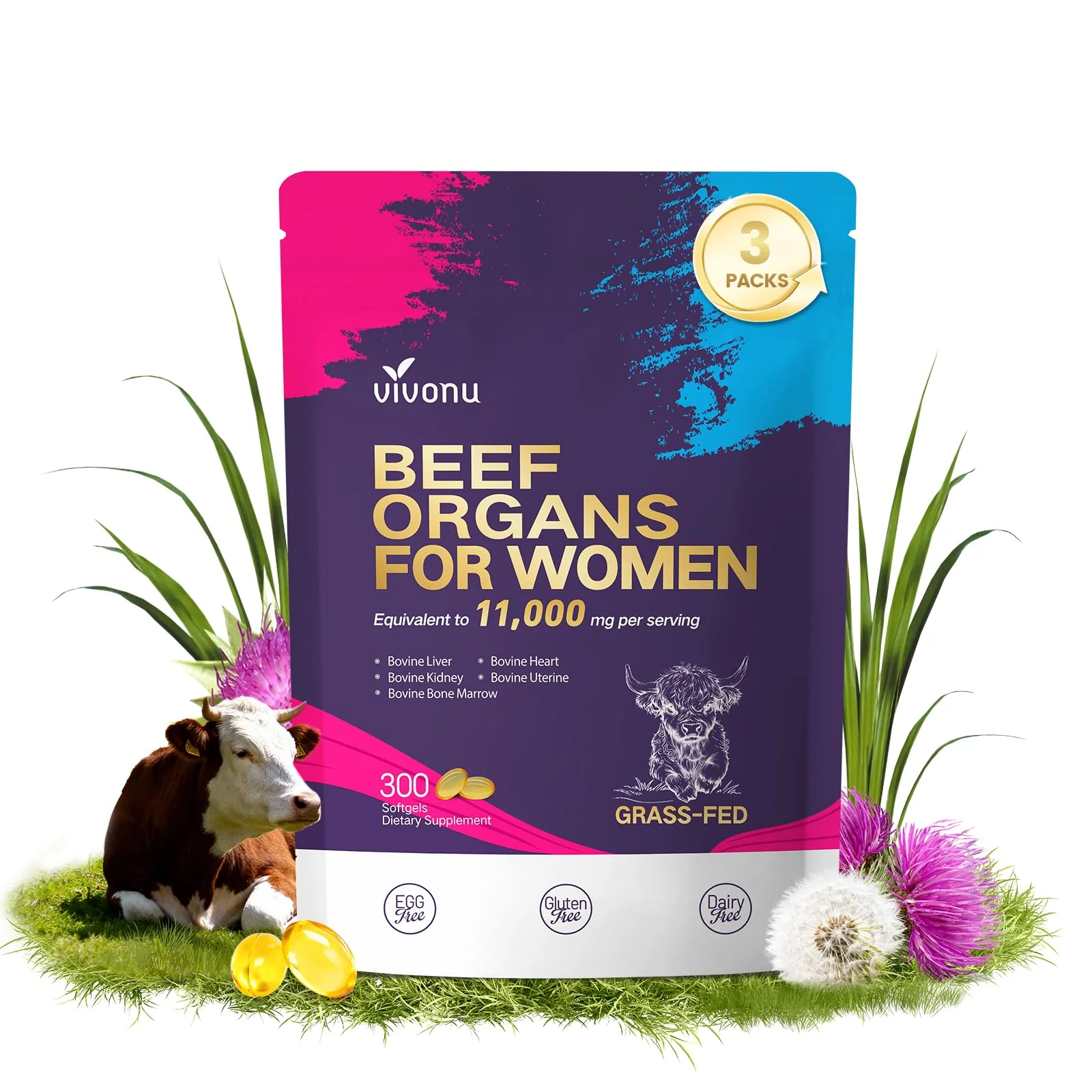 VivoNu Beef Organ Supplement for Women, 300 Day Supply, 11000mg per Serving Beef Organs with Bovine Liver, Ovary, Uterus, Kidney, Heart, Bone & More, 100% Grass Fed, Balance Hormones, Energy, 3 Bag