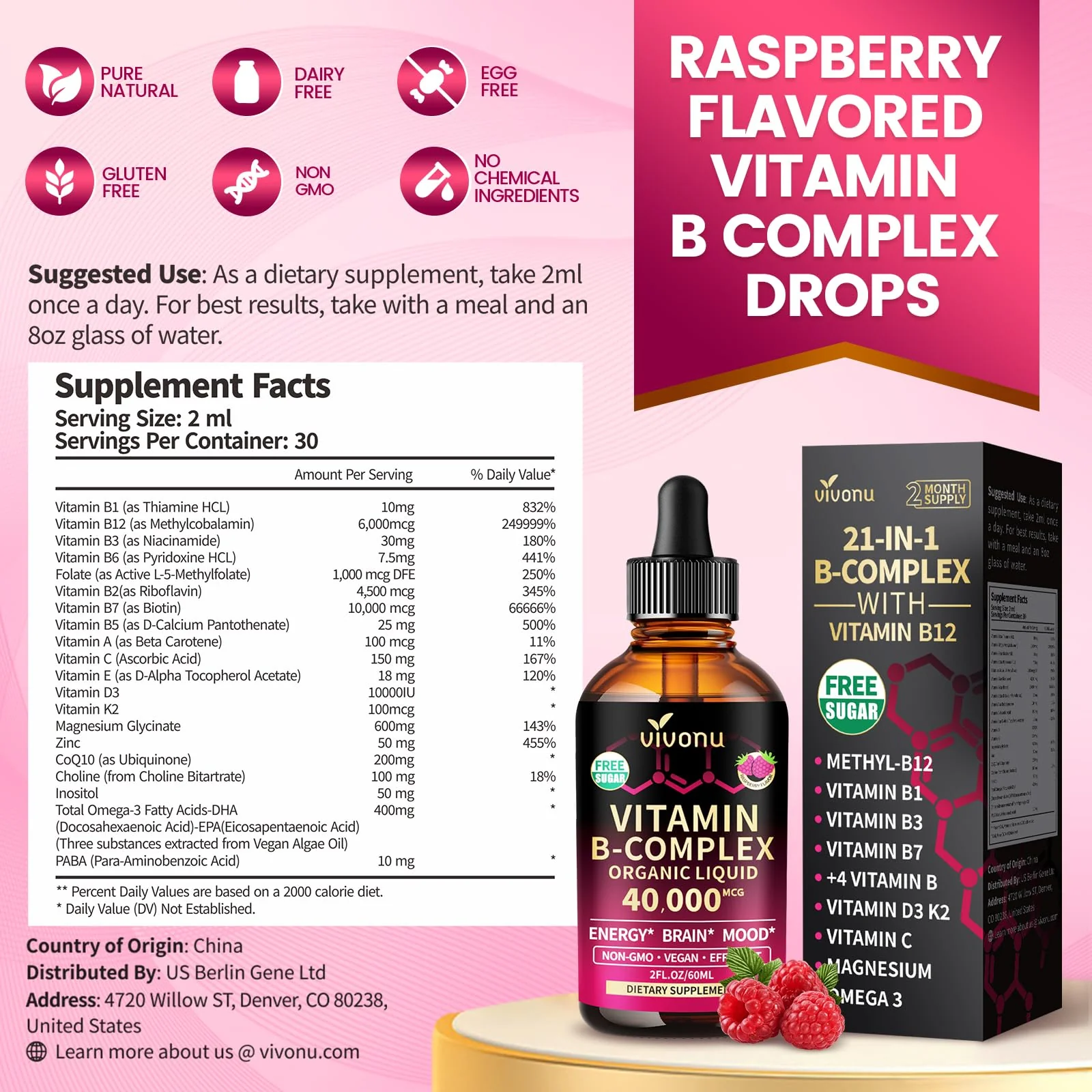 VivoNu Vitamin B Complex Liquid Drops, Methylated Vitamin B12 6000 mcg, B1, B6, B3, B5, B2, Folate, Biotin, Magnesium, Zinc, CoQ10 for Metabolism* & Energy Support, Raspberry Flavor - 3 Bottle - Image 4