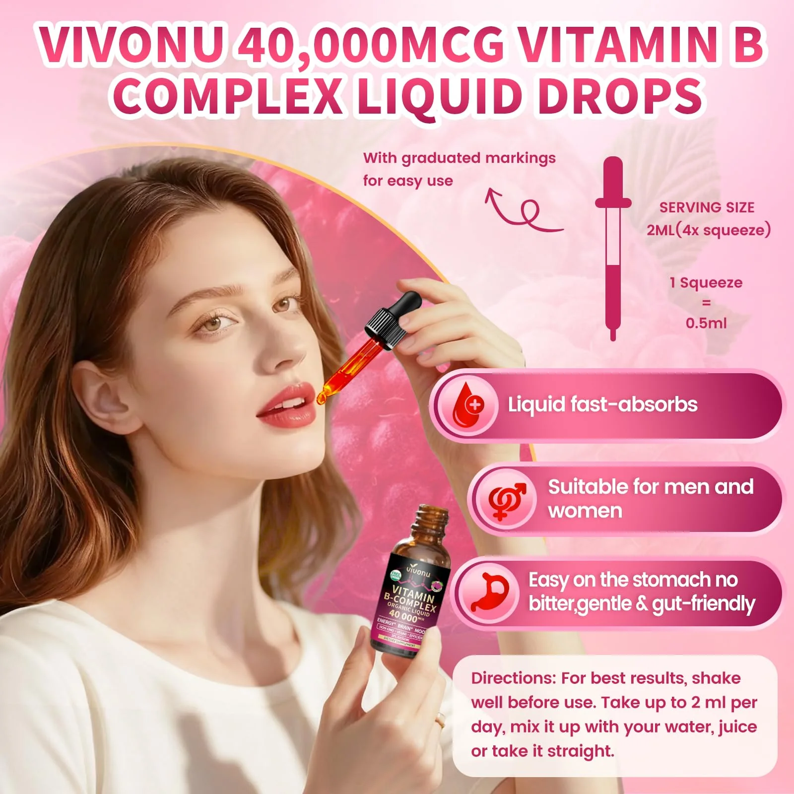 VivoNu Vitamin B Complex Liquid Drops, Methylated Vitamin B12 6000 mcg, B1, B6, B3, B5, B2, Folate, Biotin, Magnesium, Zinc, CoQ10 for Metabolism* & Energy Support, Raspberry Flavor - 3 Bottle - Image 5