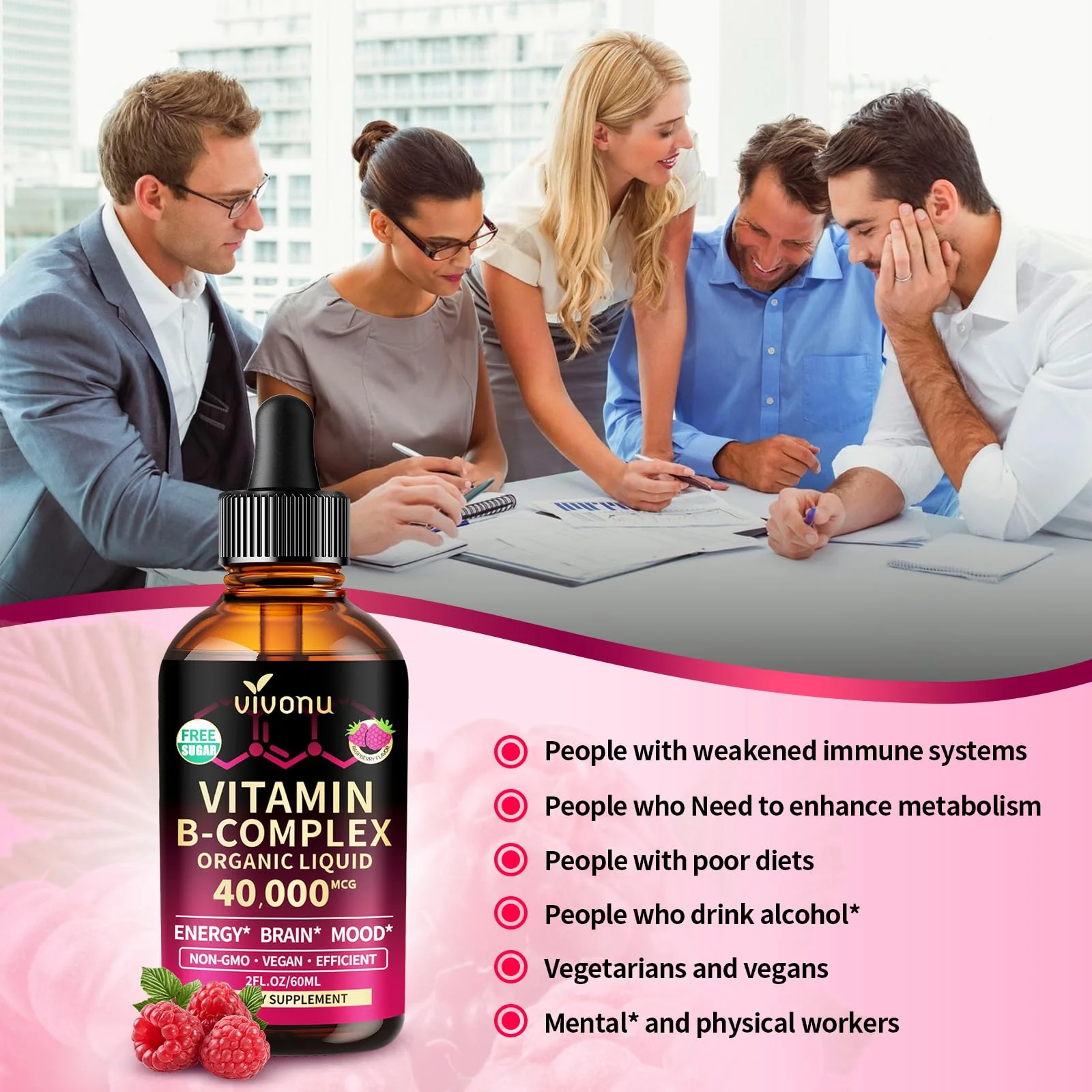 VivoNu Vitamin B Complex Liquid Drops, Methylated Vitamin B12 6000 mcg, B1, B6, B3, B5, B2, Folate, Biotin, Magnesium, Zinc, CoQ10 for Metabolism* & Energy Support, Raspberry Flavor - 3 Bottle - Image 6