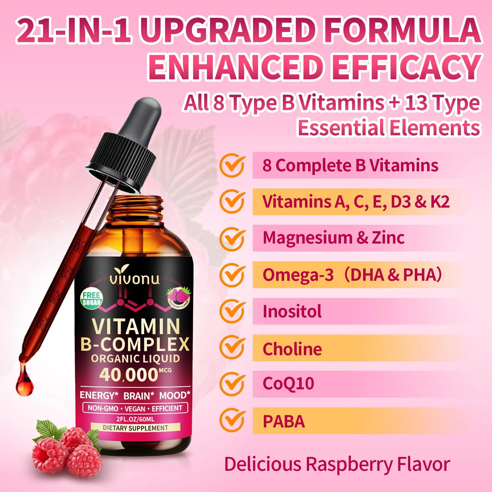 VivoNu Vitamin B Complex Liquid Drops, Methylated Vitamin B12 6000 mcg, B1, B6, B3, B5, B2, Folate, Biotin, Magnesium, Zinc, CoQ10 for Metabolism* & Energy Support, Raspberry Flavor - 3 Bottle - Image 7