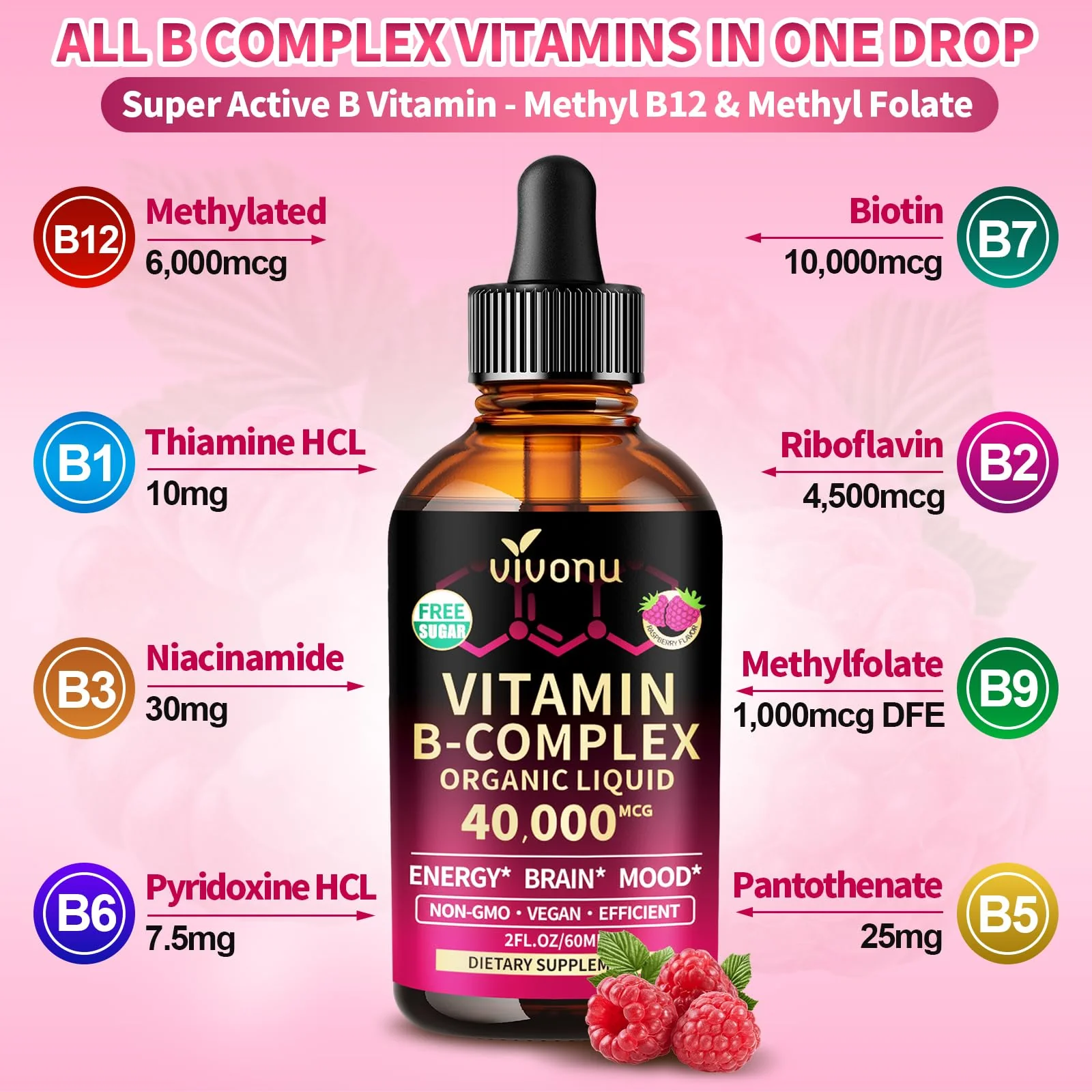 VivoNu Vitamin B Complex Liquid Drops, Methylated Vitamin B12 6000 mcg, B1, B6, B3, B5, B2, Folate, Biotin, Magnesium, Zinc, CoQ10 for Metabolism* & Energy Support, Raspberry Flavor - 3 Bottle - Image 8