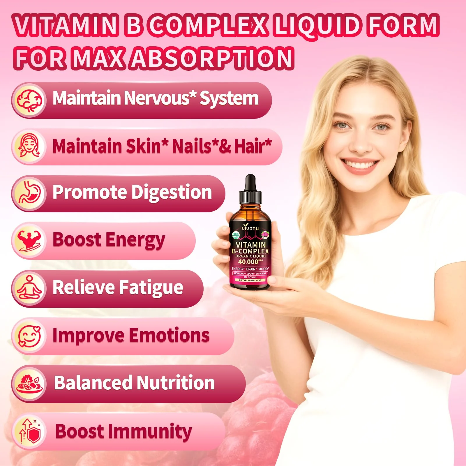 VivoNu Vitamin B Complex Liquid Drops, Methylated Vitamin B12 6000 mcg, B1, B6, B3, B5, B2, Folate, Biotin, Magnesium, Zinc, CoQ10 for Metabolism* & Energy Support, Raspberry Flavor - 3 Bottle - Image 9