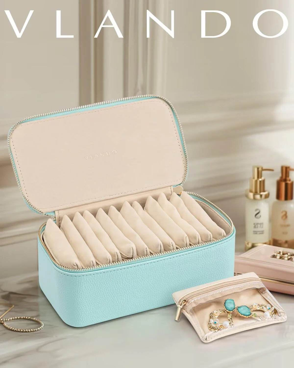 Vlando Jewelry Travel Case,Travel Jewelry Organizer with Clear Velvet Jewelry Bags 12Pcs Zipper Pouch for Women Girl Trendy Stuff Gift-Lake Blue