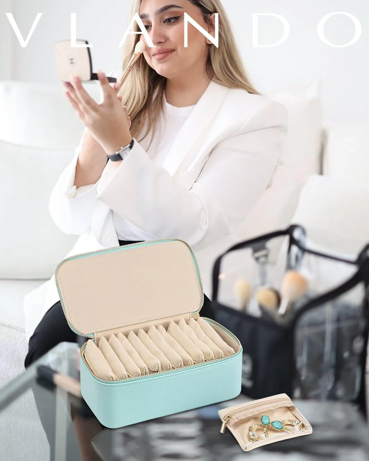 Vlando Jewelry Travel Case,Travel Jewelry Organizer with Clear Velvet Jewelry Bags 12Pcs Zipper Pouch for Women Girl Trendy Stuff Gift-Lake Blue - Image 6