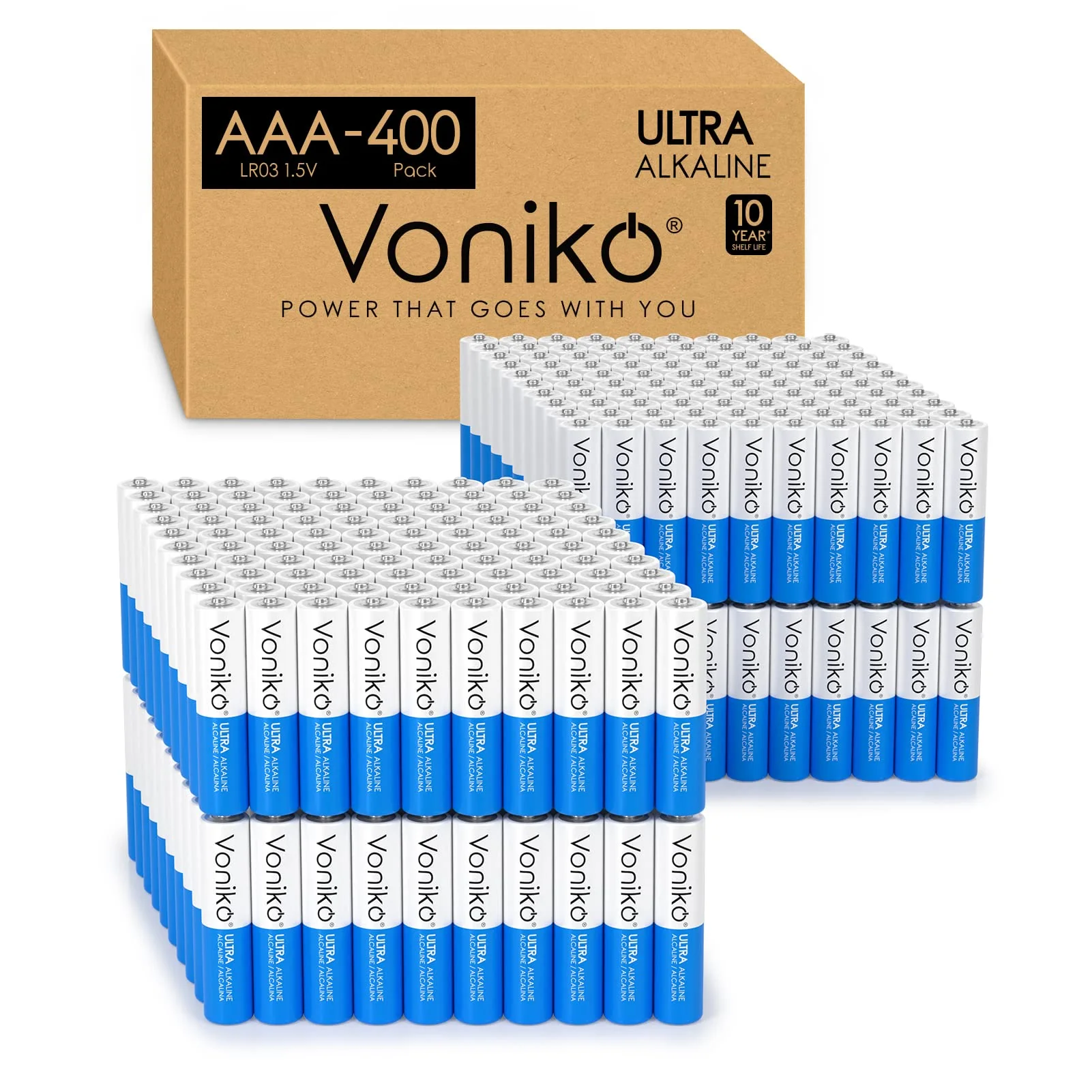 Voniko AAA Batteries 400 Pack - Alkaline Triple A with Reusable Storage Box, Long-Lasting Leakproof 1.5V Batteries for Household & Professional Devices, 10-Year Shelf Life